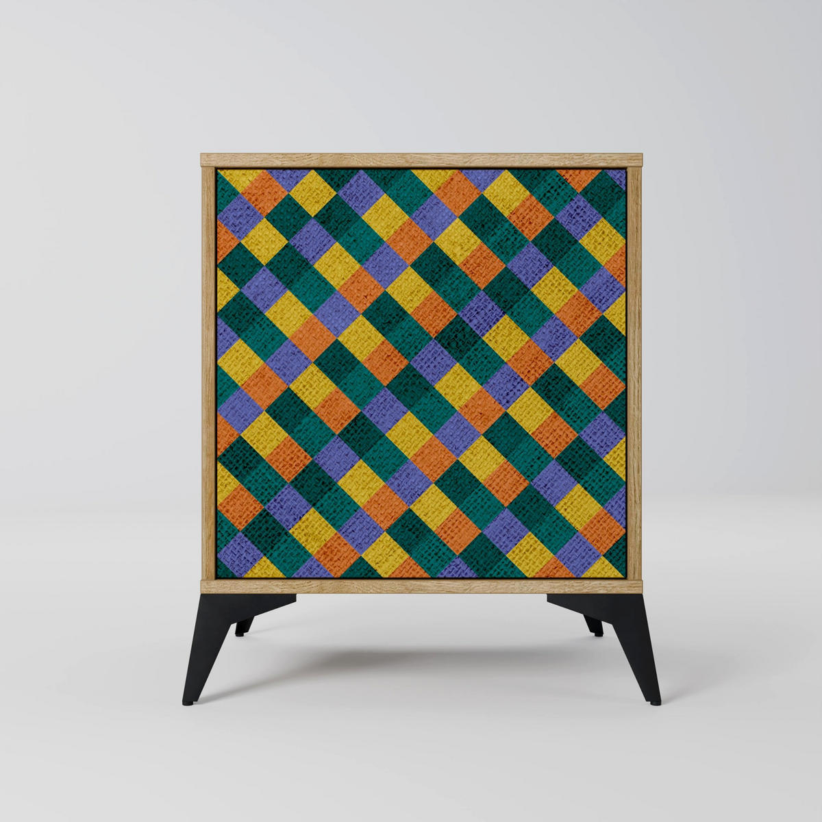 SIDEBOARD PAINTED SQUARES MIX, Eichefarben, 57,5x42x72,5 cm, Schwarze Metallfüße - Eichefarben/Multicolor, Holzwerkstoff/Metall (57.5/72.5/42cm) - SpaceRebels