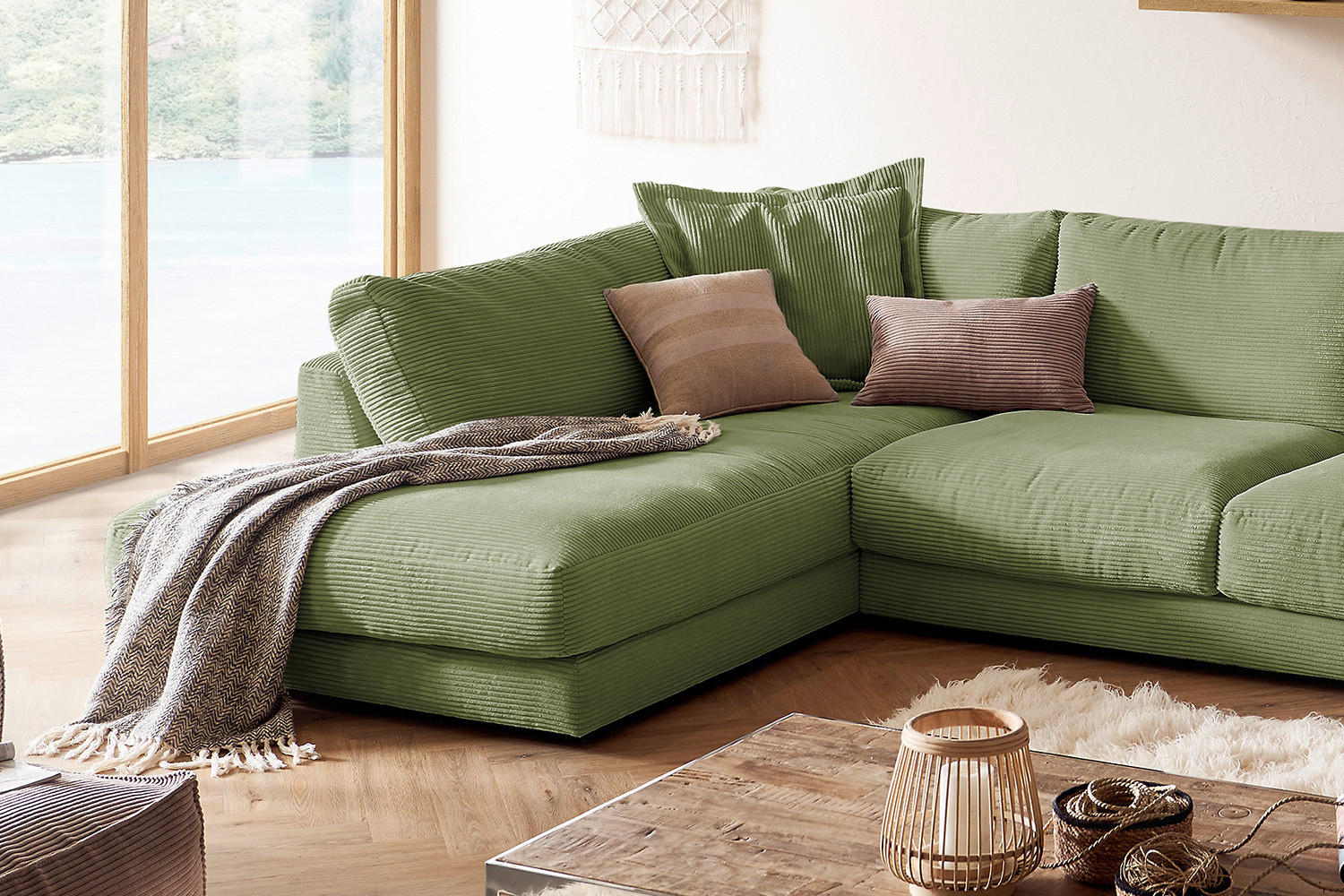 WOHNLANDSCHAFT MADELINE Dunkelgrün Cord - Dunkelgrün/Schwarz, Kunststoff/Textil (425/86/224cm) - KAWOLA