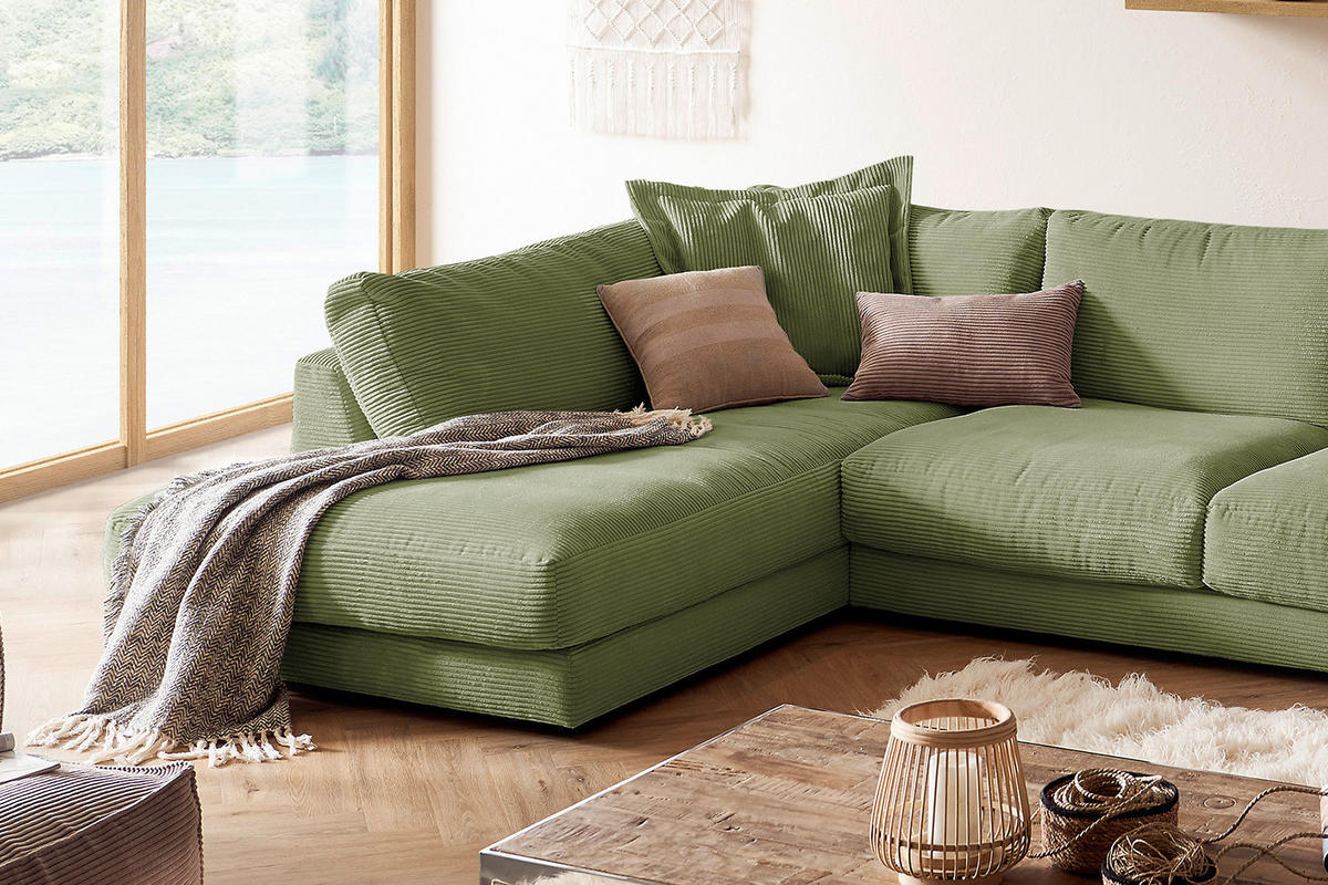 WOHNLANDSCHAFT MADELINE Dunkelgrün Cord - Dunkelgrün/Schwarz, Kunststoff/Textil (425/86/224cm) - KAWOLA