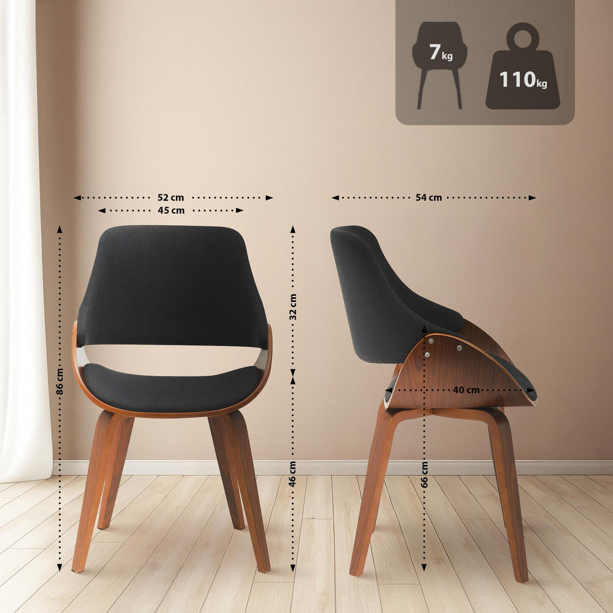 ESSZIMMERSTUHL 2er Set Stoff Walnuss/Schwarz - Walnussfarben/Schwarz, Holz/Textil (52/86/54cm) - CLP