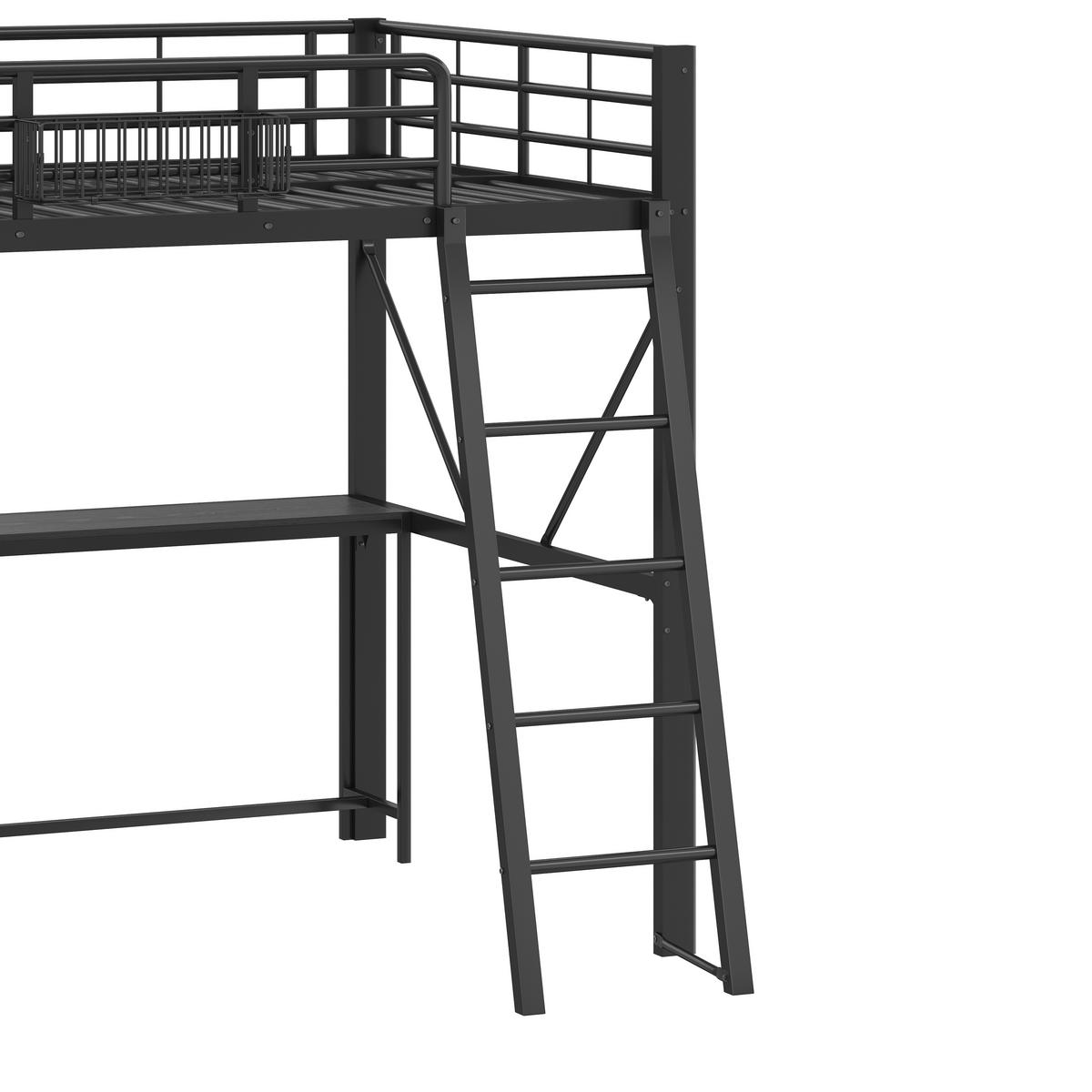 HOCHBETT 140/200 cm in Schwarz mit Schreibtisch, Regal, Aufbewahrungskorb, LED und USB Metallbett - Schwarz, Holzwerkstoff/Metall (140/200cm) - STILVORA