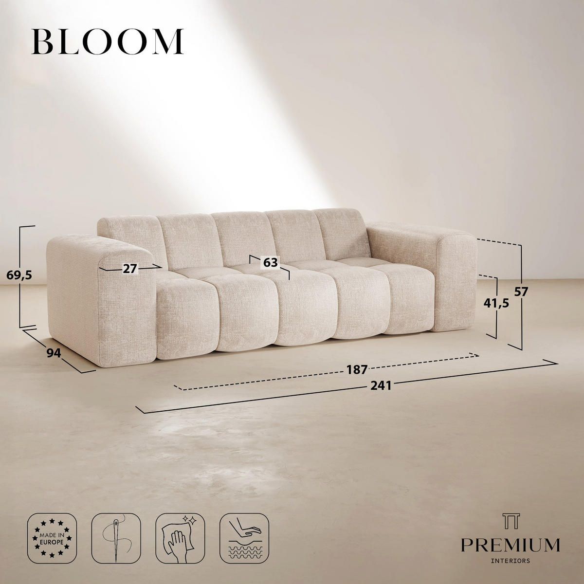 SOFA BLOOM Frottee Creme 241cm - Creme, Textil (241/69.5/94cm) - Premium Interiors
