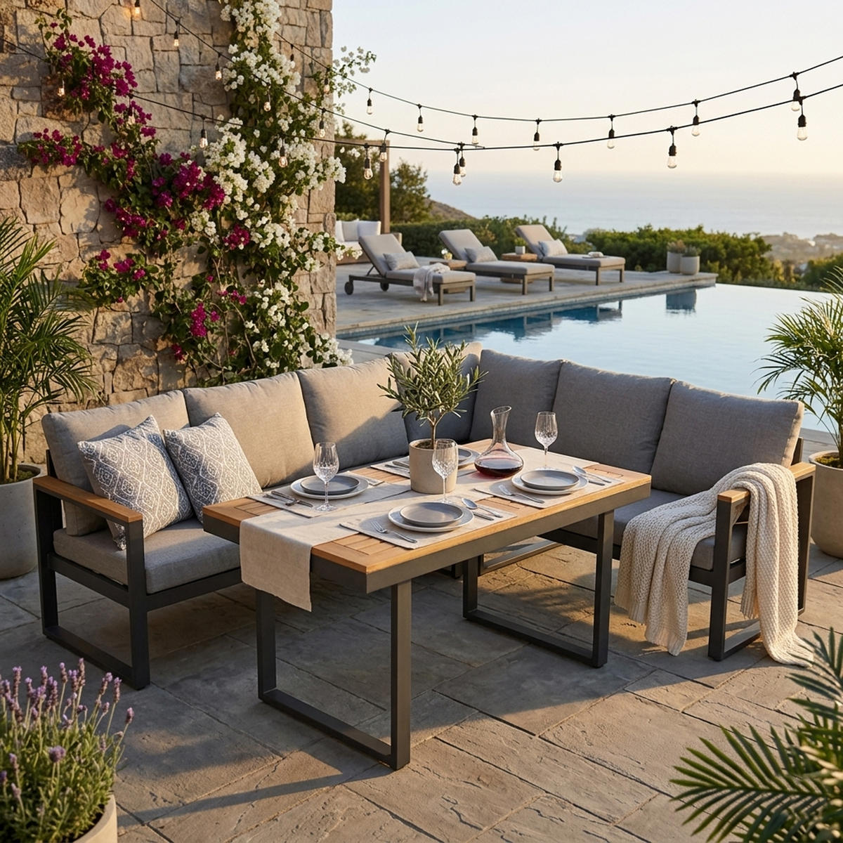 ECK-DININGSET Crawley (1x 3-sitzer Bank 187x65x71cm, 1x 3-sitzer Lounge mit Liegefunktion 187x65x71cm, 1x Tisch 140x70cm Tischplatte Akazie - Grau, Metall - TPFGarden