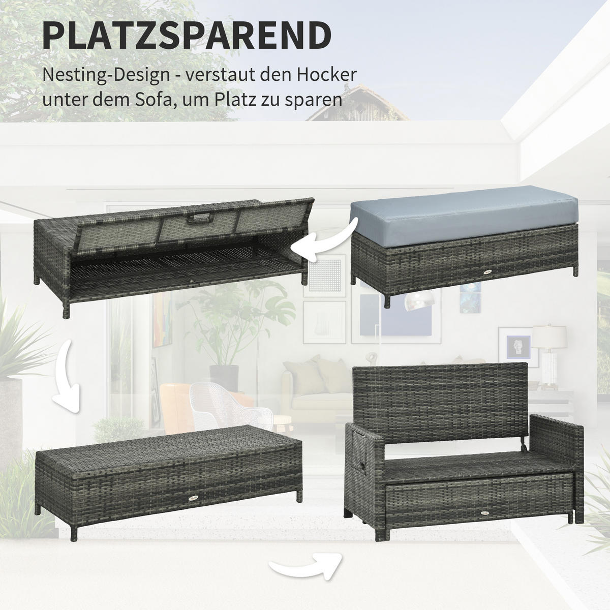 GARTENMÖBEL Set, PE Polyrattan, Grau - Grau, Kunststoff - Outsunny