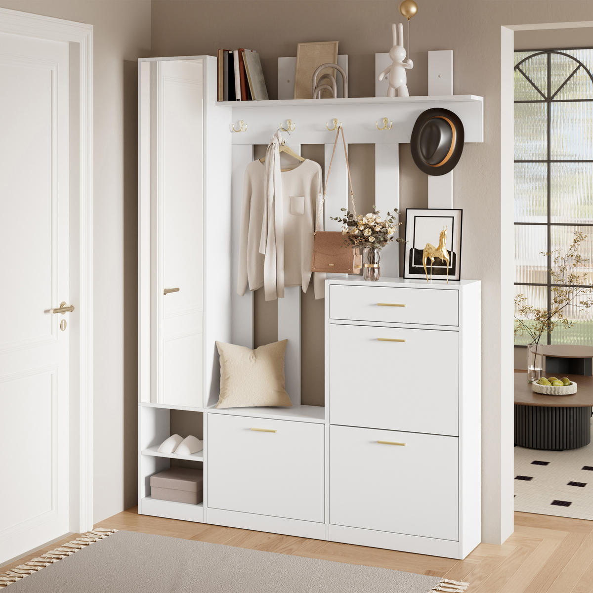GARDEROBESET mit Spiegel Schuhschrank Haken Weiß Modern - Weiß, Holzwerkstoff (133/180/23.5cm) - FLIEKS