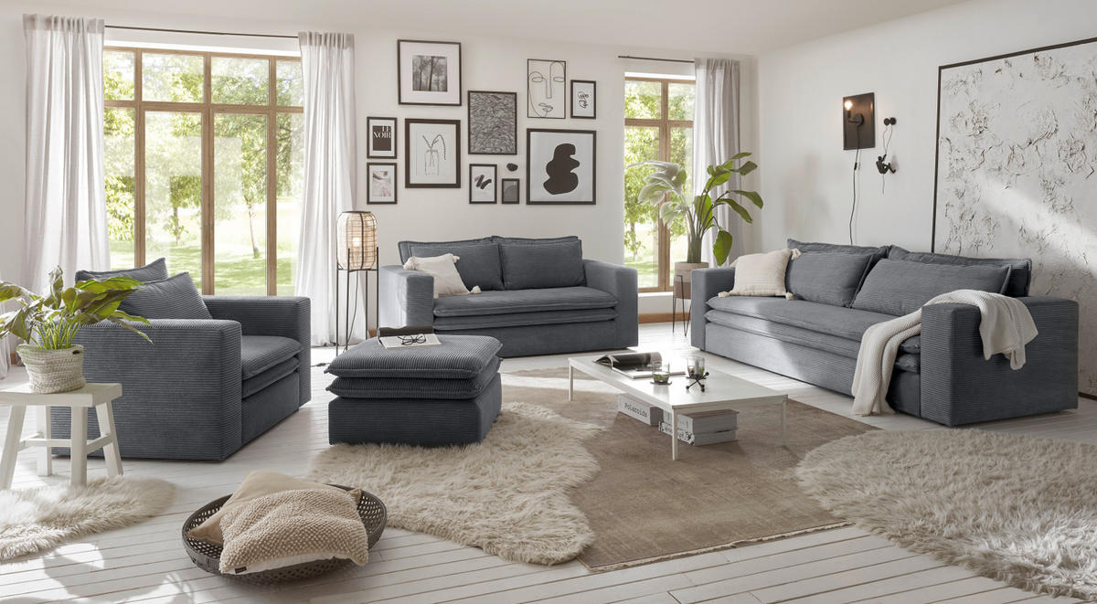 SOFA-SET grau Cord, Couch 2-Sitzer inklusive Hocker - Beige/Grau, Holz/Textil (180/83/161cm) - Furn.Design