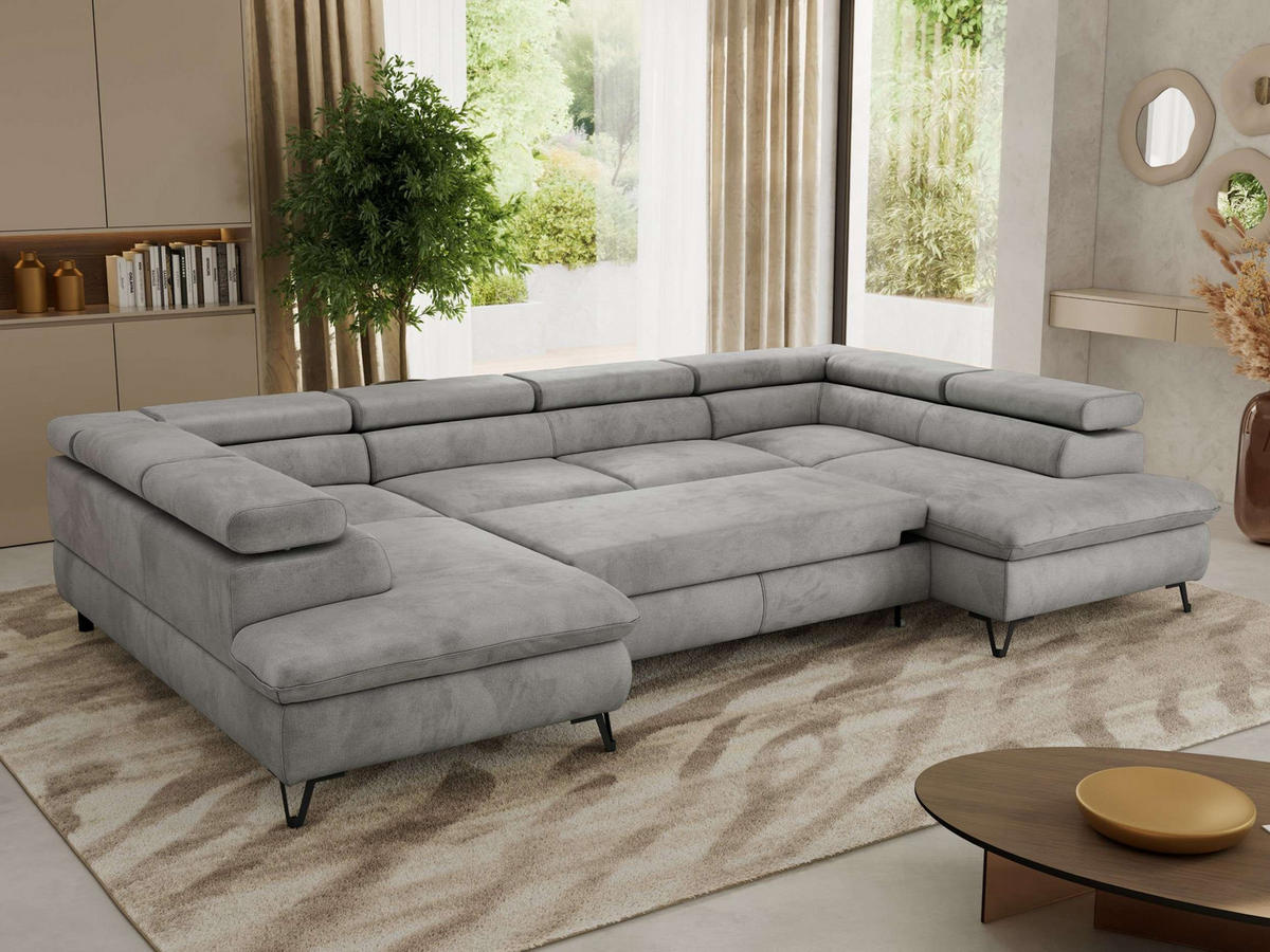 WOHNLANDSCHAFT PABLO U Velvet Hellgrau - Hellgrau/Schwarz, Textil/Metall (346/76/208cm) - MKS