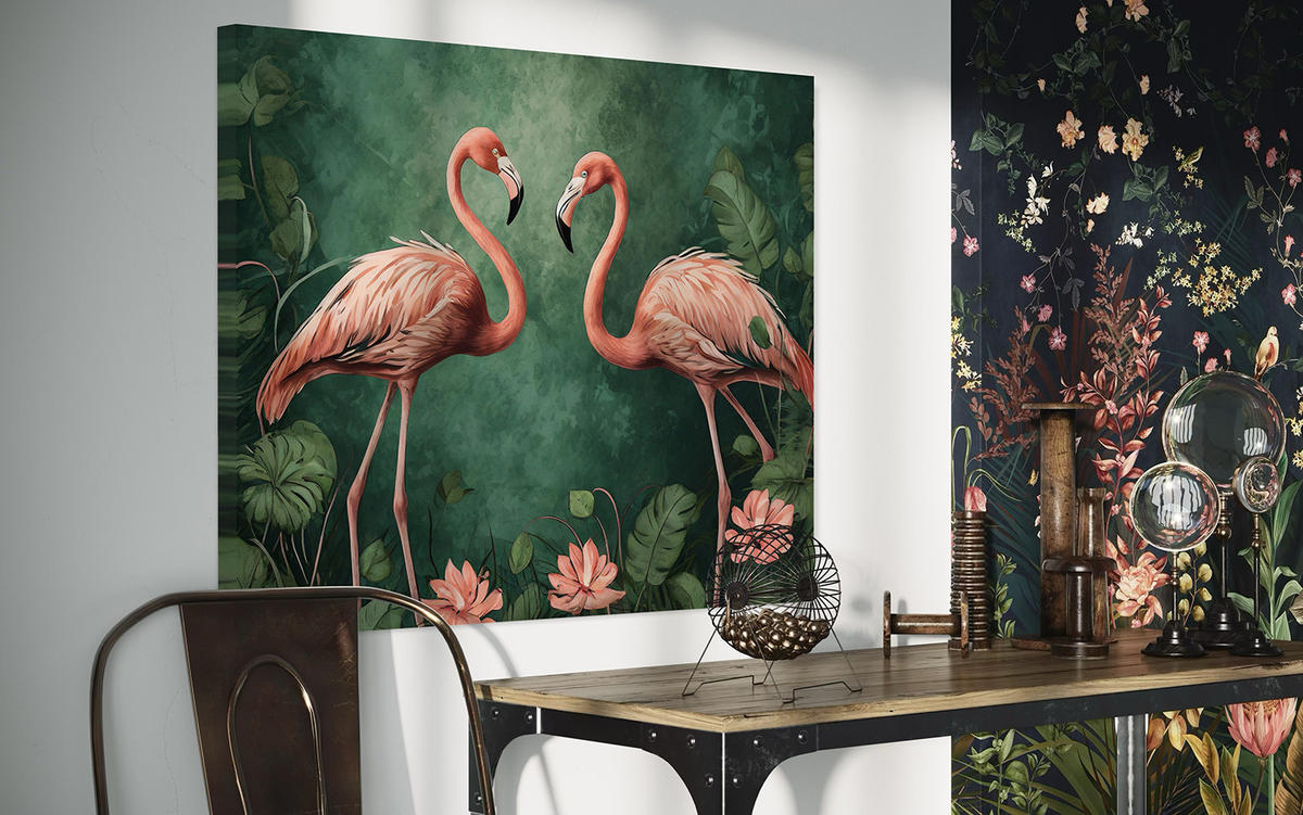 WANDBILD flamingos tropische tiere - Grün, Textil (60/40cm) - Feeby