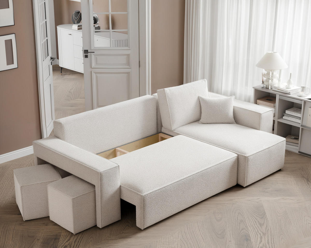 ECKSOFA PARIS mit Schlaffunktion und Bettkasten Creme - Weiß, Holzwerkstoff/Kunststoff (262/145cm) - Idohome