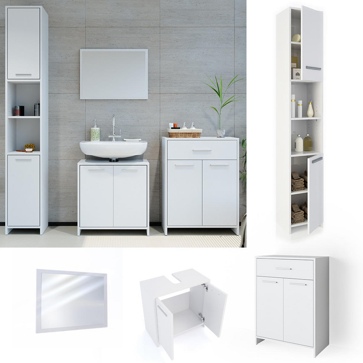 BADMÖBEL-SET Kiko Weiß 4 Teile, mit Hochschrank und Kommode - Weiß, Holzwerkstoff (58/60/33cm) - Vicco
