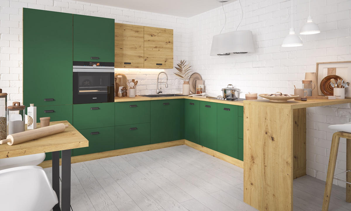 WINKELKÜCHE Silver eiche artisan / eiche artisan & kieferngrün 300 / 185 / 207cm 8-teilig - Braun/Grün, Holzwerkstoff/Metall (300/207/185cm) - Feldmann-Wohnen
