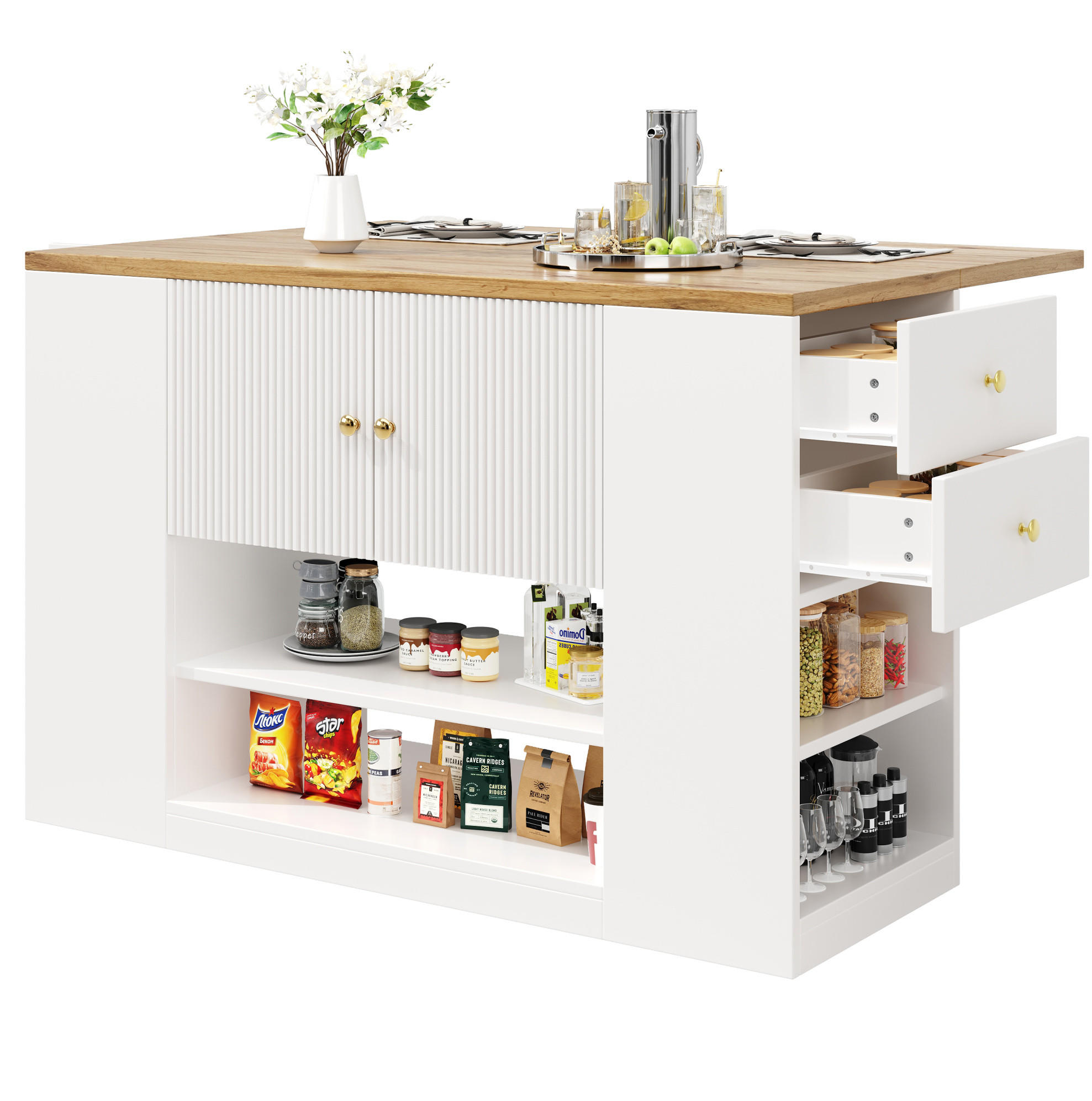 KUCHYNSKÝ ostrovček 140/70/90 cm, MDF, biely, rozkladací s úložným priestorom - biela, kompozitné drevo (40/90/140cm) - BEAOK