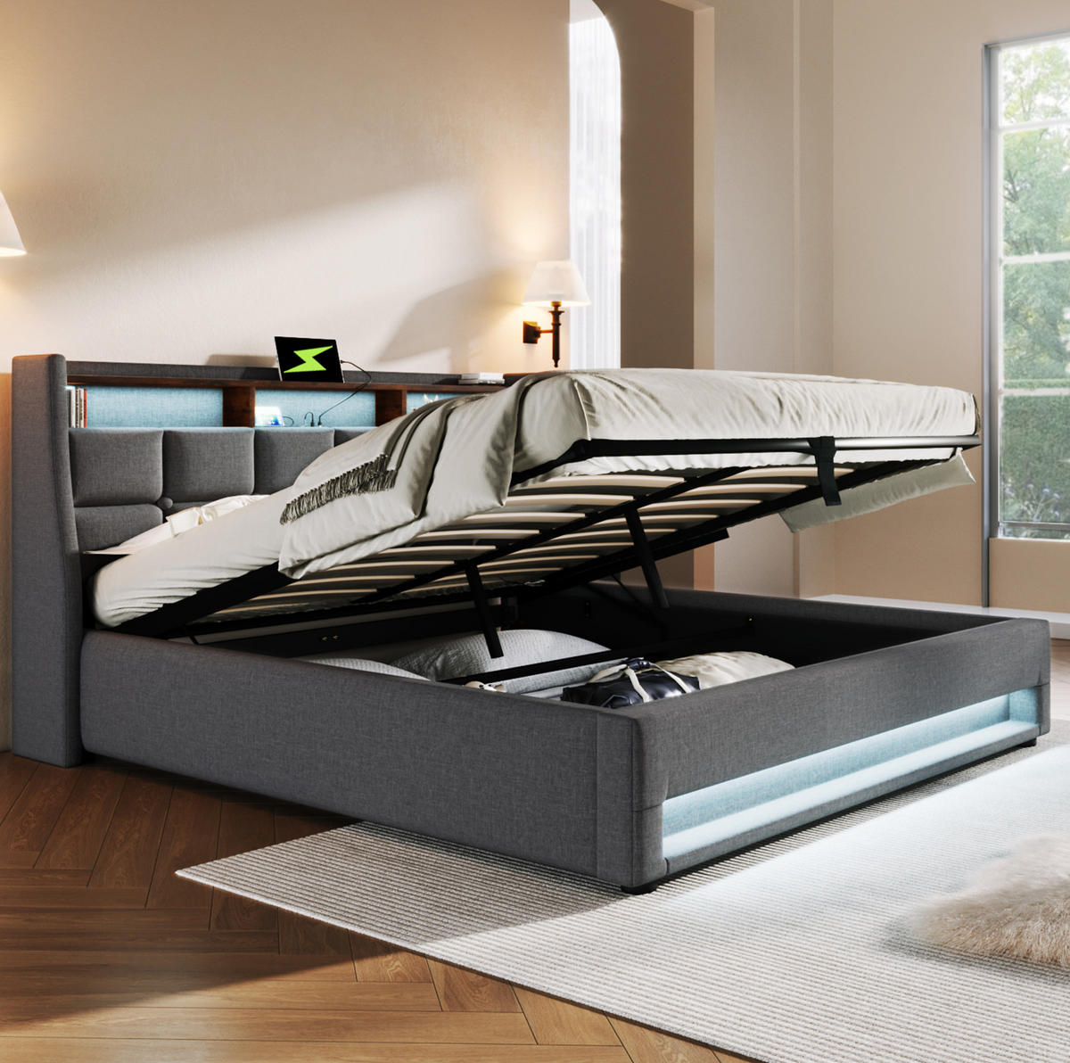 ČALÚNENÁ posteľ 185/210/117 cm sivá, s LED osvetlením a USB - sivá, textil (180/200cm) - BEAOK