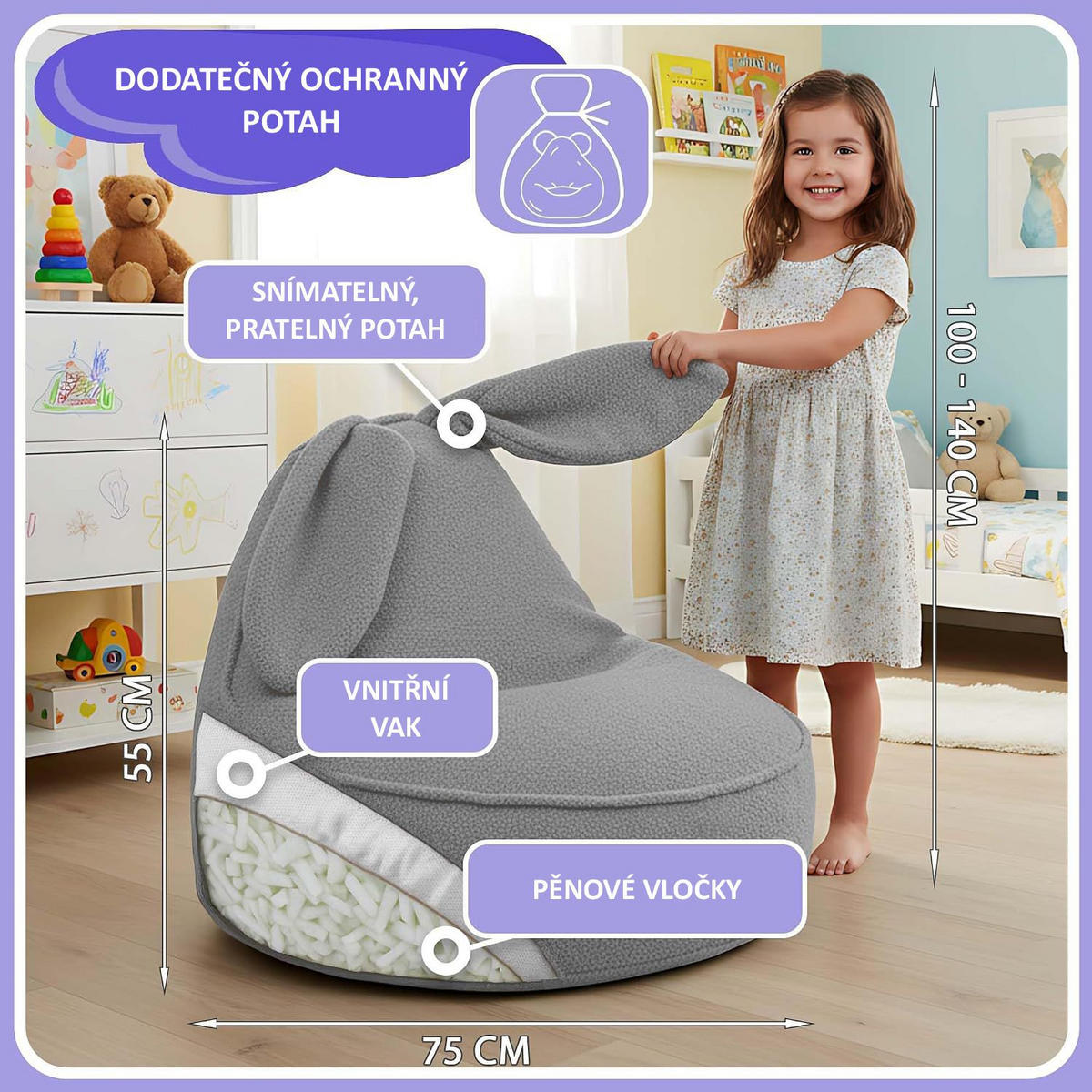 SITZSACK FÜR KINDER Hase 75/75/55 cm, weicher Bouclé 315 g/m², abnehmbarer Bezug, Pearl Grey - Hellgrau, Textil (75/55/75cm) - Dreamroots