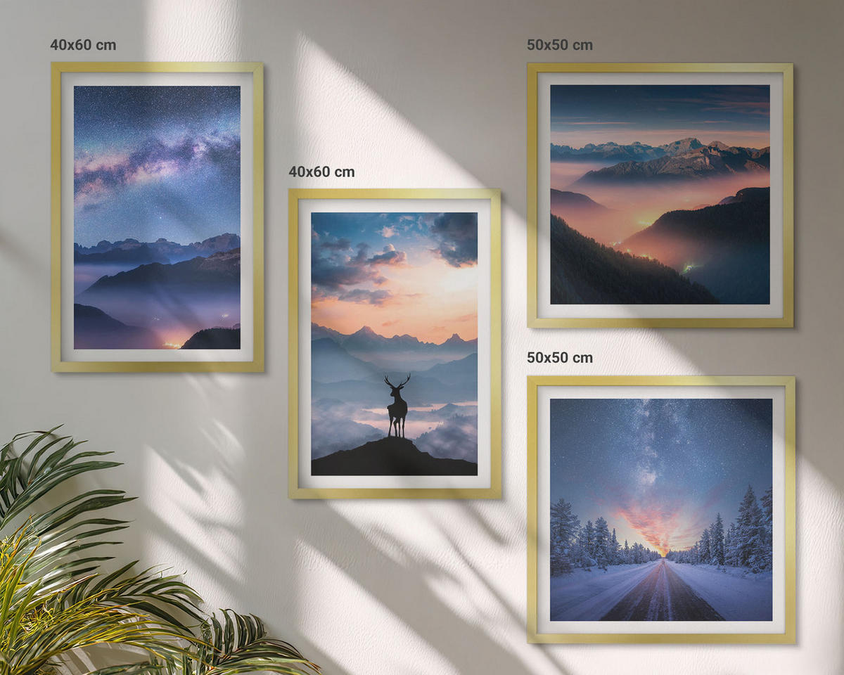 BILDER SET 4er Set - 50x50 cm & 40x60 cm Goldrahmen - Nachthimmel Berge Nebel Hirsch - Goldfarben, Kunststoff (50/50cm) - TULUP