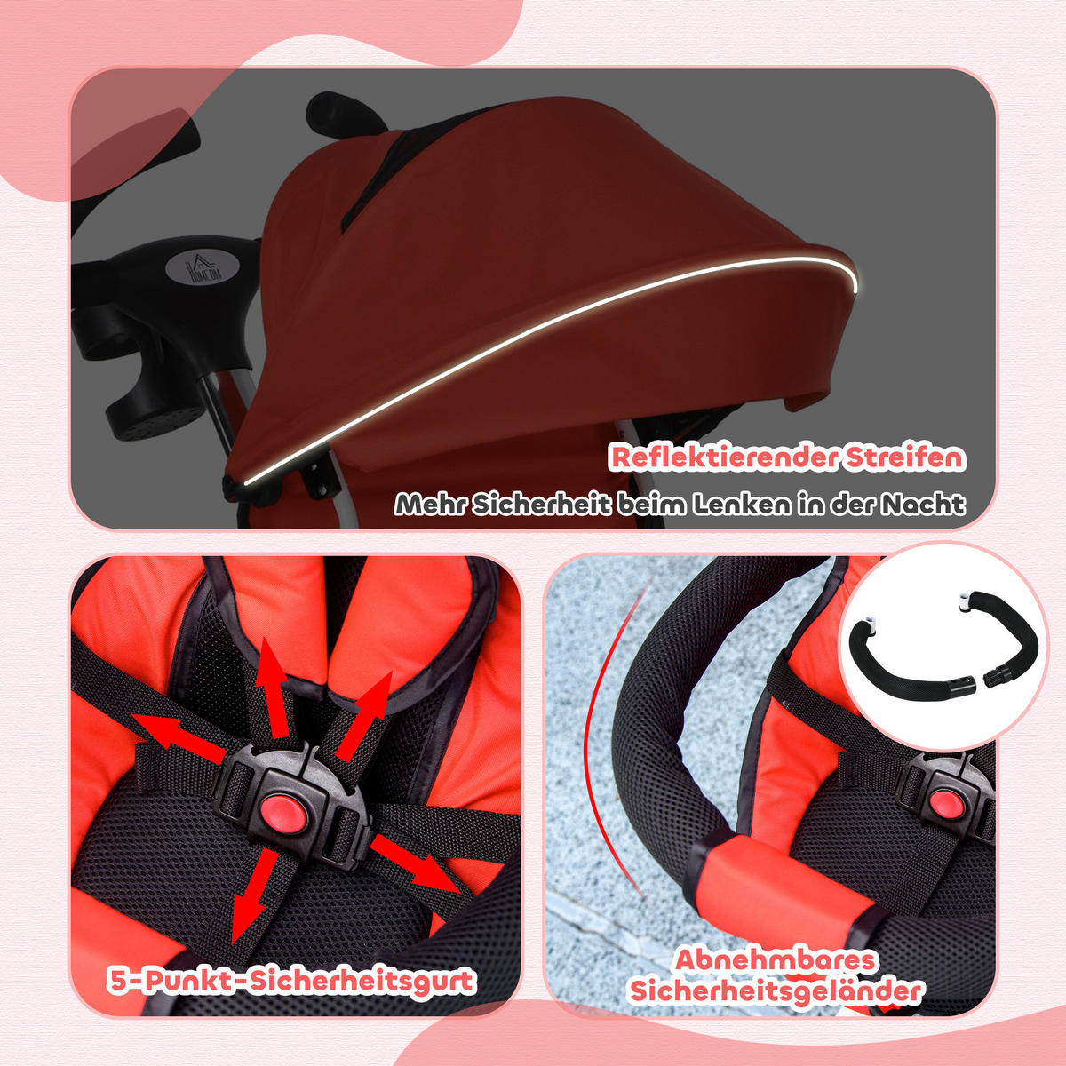 6 in 1 Dreirad mit Schubstange, Kinderdreirad mit Sicherheitsgurt, Sonnendach - Rot, Metall (112/50/104cm) - HOMCOM