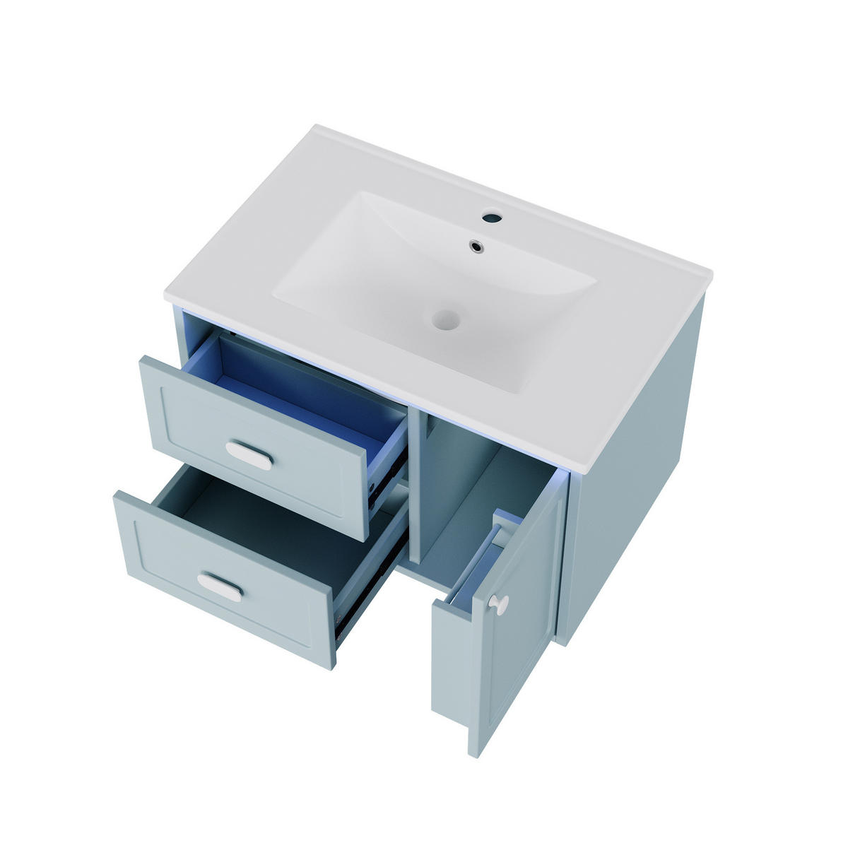 BADEZIMMER-HÄNGESCHRANK 76x46x51 cm Blau aus Keramik & Spanplatte mit Radar-Sensor-LED & 2 Schubladen - Blau, Holzwerkstoff (76/51/46cm) - Modfu