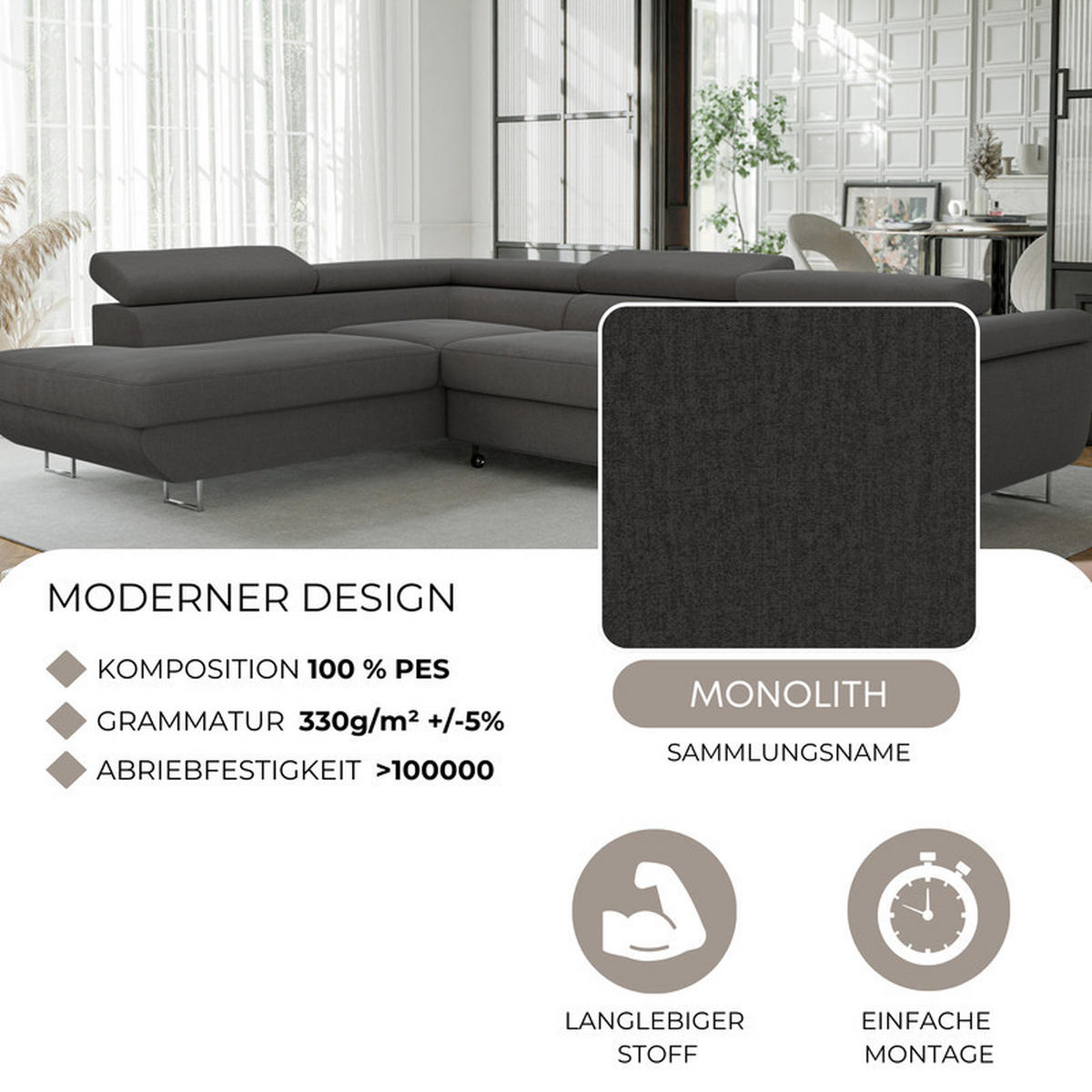 ECKSOFA ANTON mit Schlaffunktion und Bettkasten Anthrazit - Anthrazit, Holzwerkstoff/Kunststoff (274/203cm) - Idohome