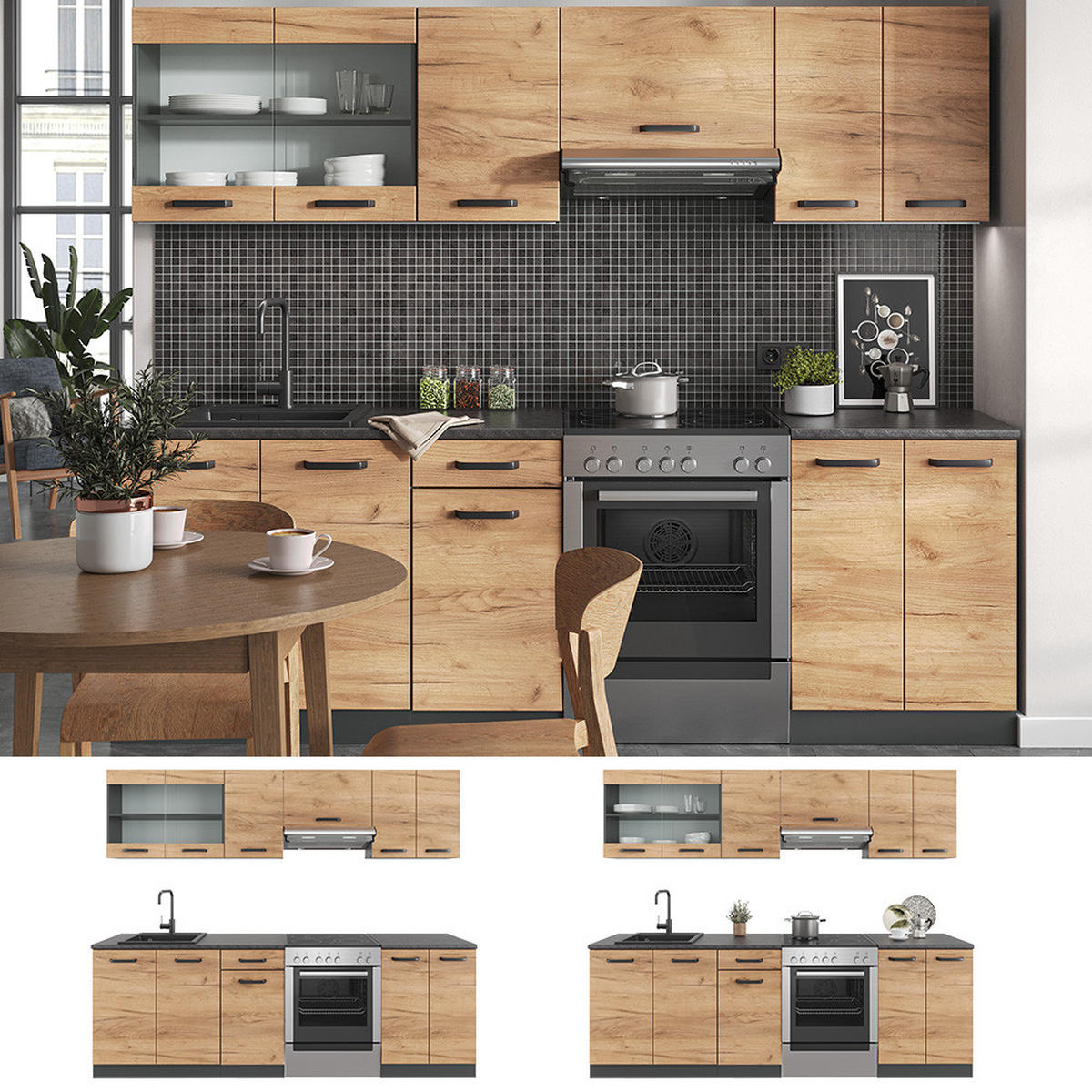 KÜCHENZEILE Raul Goldkraft Eiche/Anthrazit 240 cm AP Schwarz mit LED-Leisten - Honigeiche/Anthrazit, Holzwerkstoff (240/81.6/60cm) - Vicco
