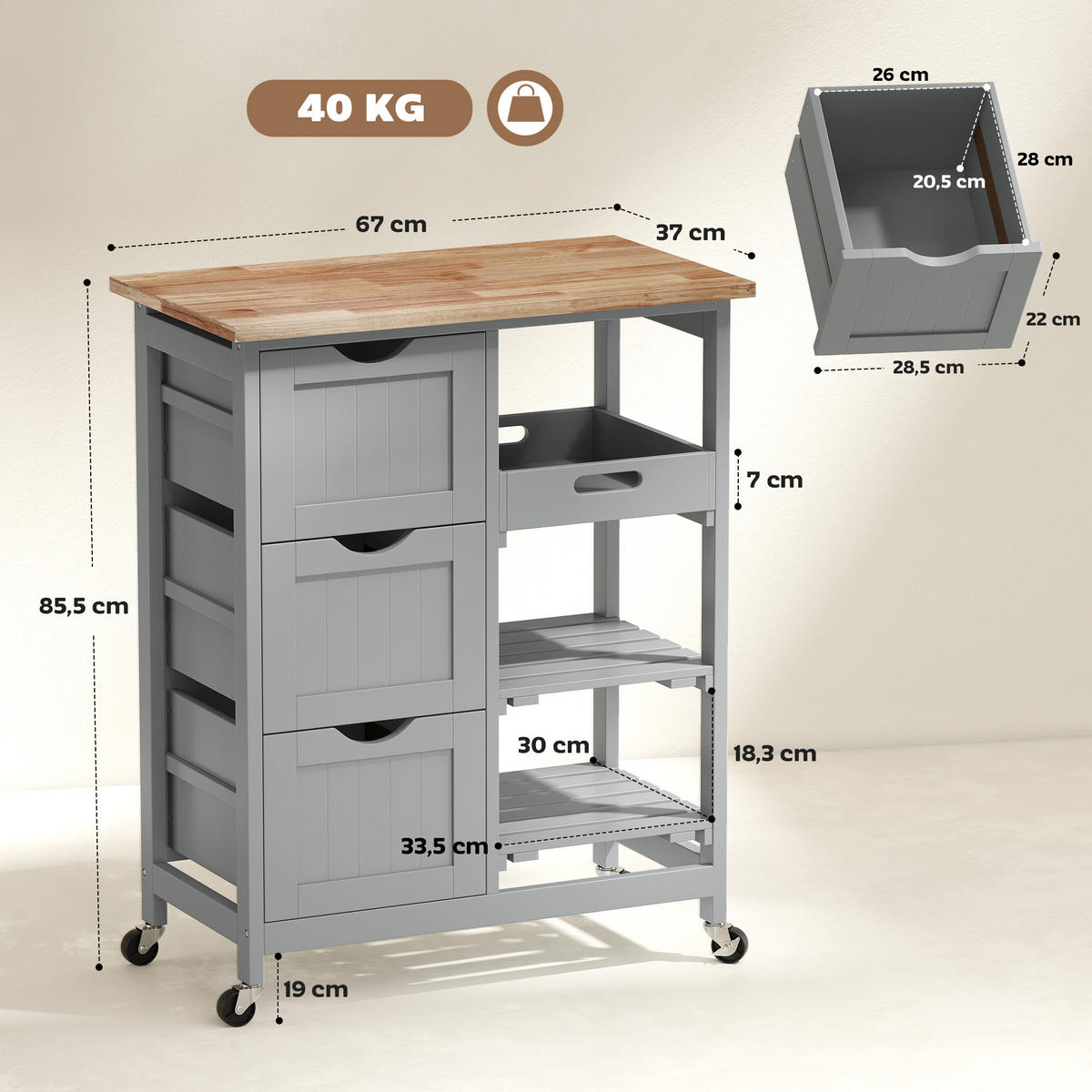 KÜCHENWAGEN, Rollbarer Wagen 67 x 37 x 85,5 cm mit 3 Schubladen, Grau - Multicolor, Metall (67/85.5/37cm) - FORIOUS