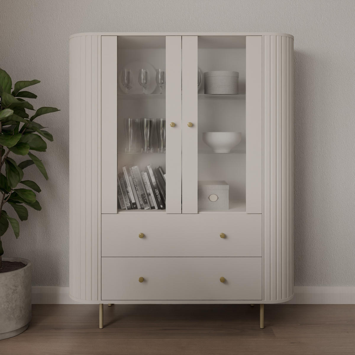 VITRINE Olivia 123 cm, mit Glastüren, 2 Schubladen und geriffeltem Design, kaschmir und goldfarbenen Metallfüßen - Kaschmir, Metall (123/155/43cm) - Margaret Hadas24
