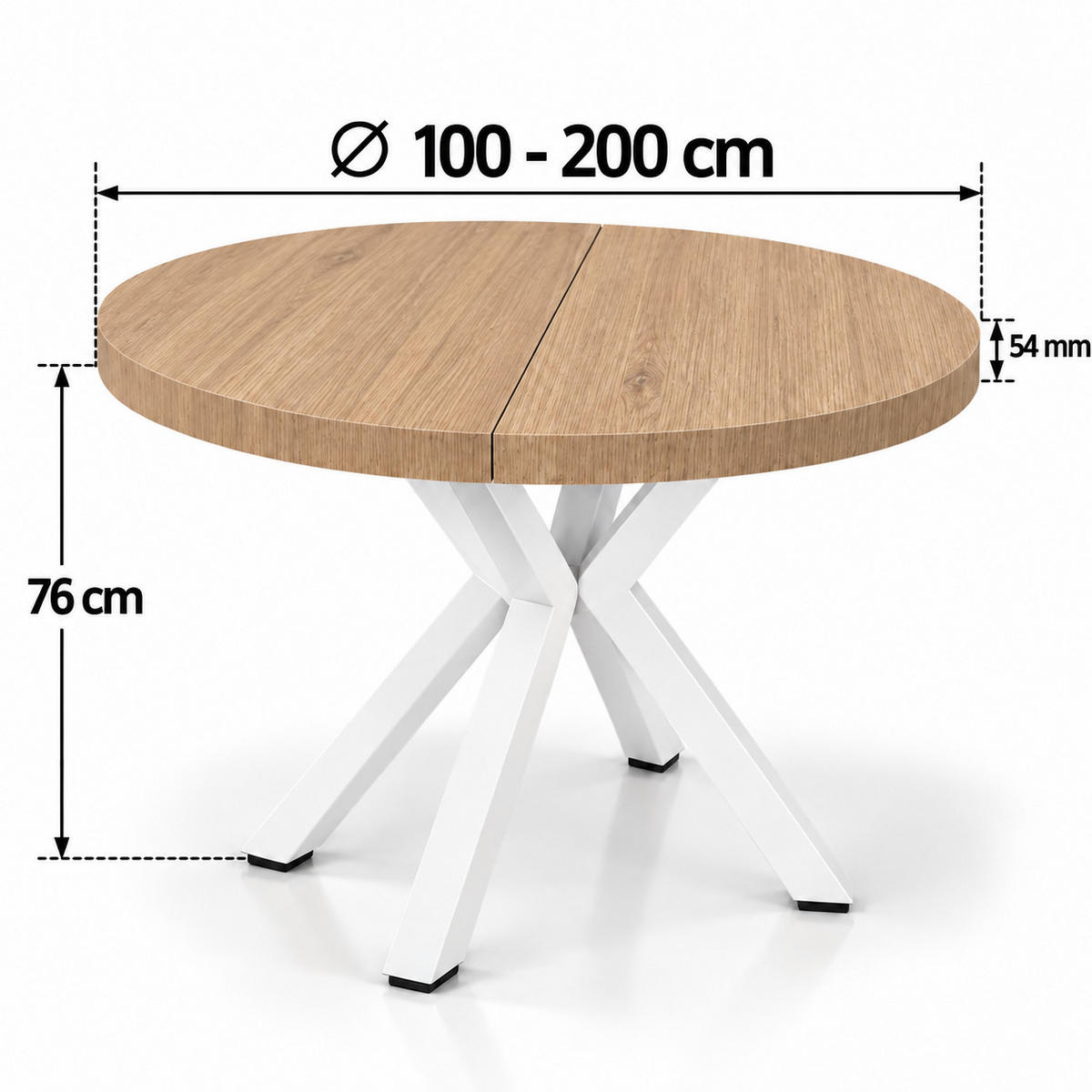 ESSTISCH rund ausziehbar 100/200/76 cm, Hikora Egger Natur, 54 cm Tischplatte + Metall weiß - Eichefarben, Holzwerkstoff/Metall (100/200/76cm) - Damale Möbel