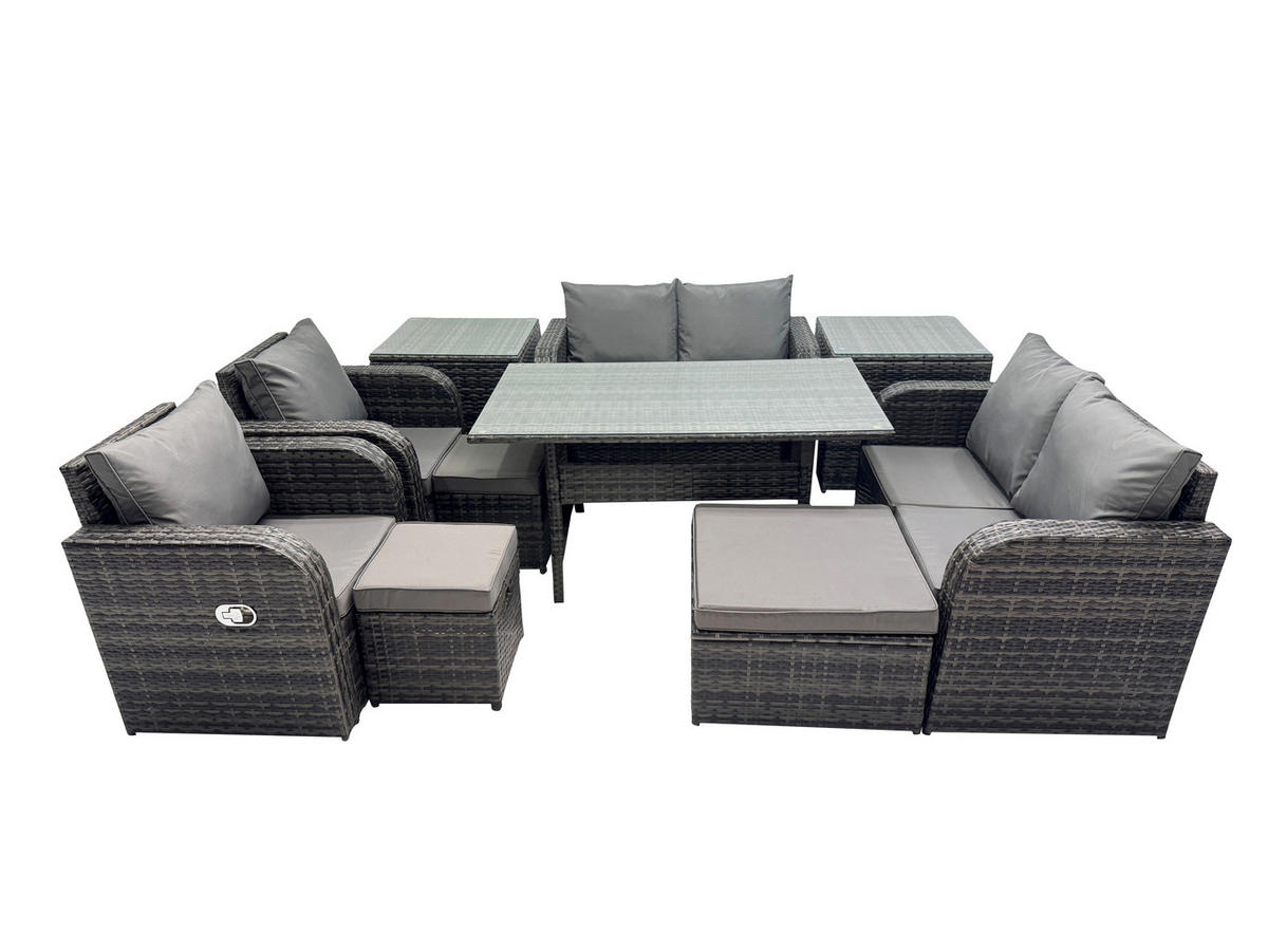 Gartenmöbelset mit Esstisch,Beistelltisch Polyrattan Dunkelgrau 9-Sitzer - Dunkelgrau/Grau, Glas/Kunststoff - Fimous