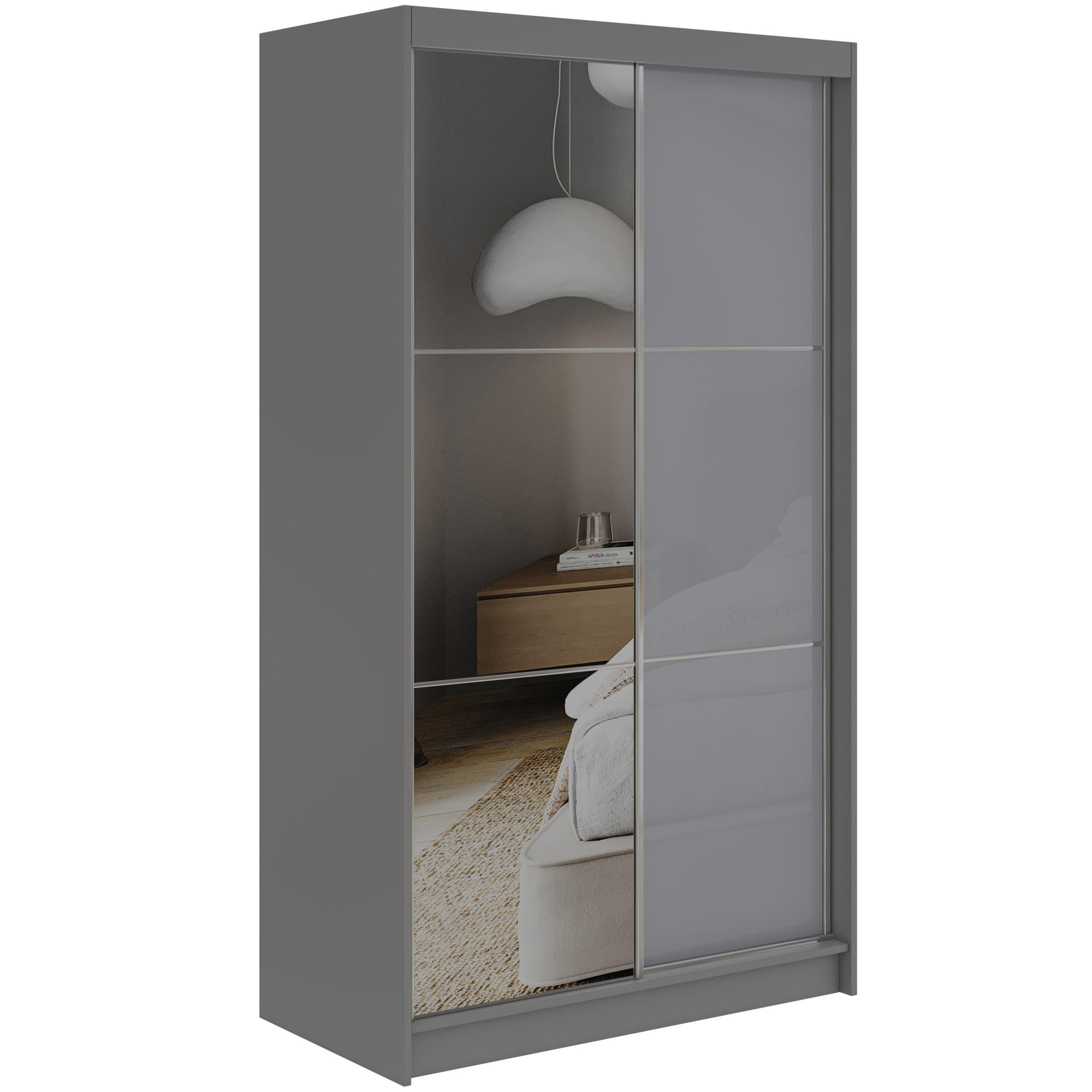 SCHWEBETÜRENSCHRANK mit Spiegel - WALENCJA - 120 - Grau lacobel - Alufarben/Grau, Holzwerkstoff/Metall (120/216/61cm) - MKS