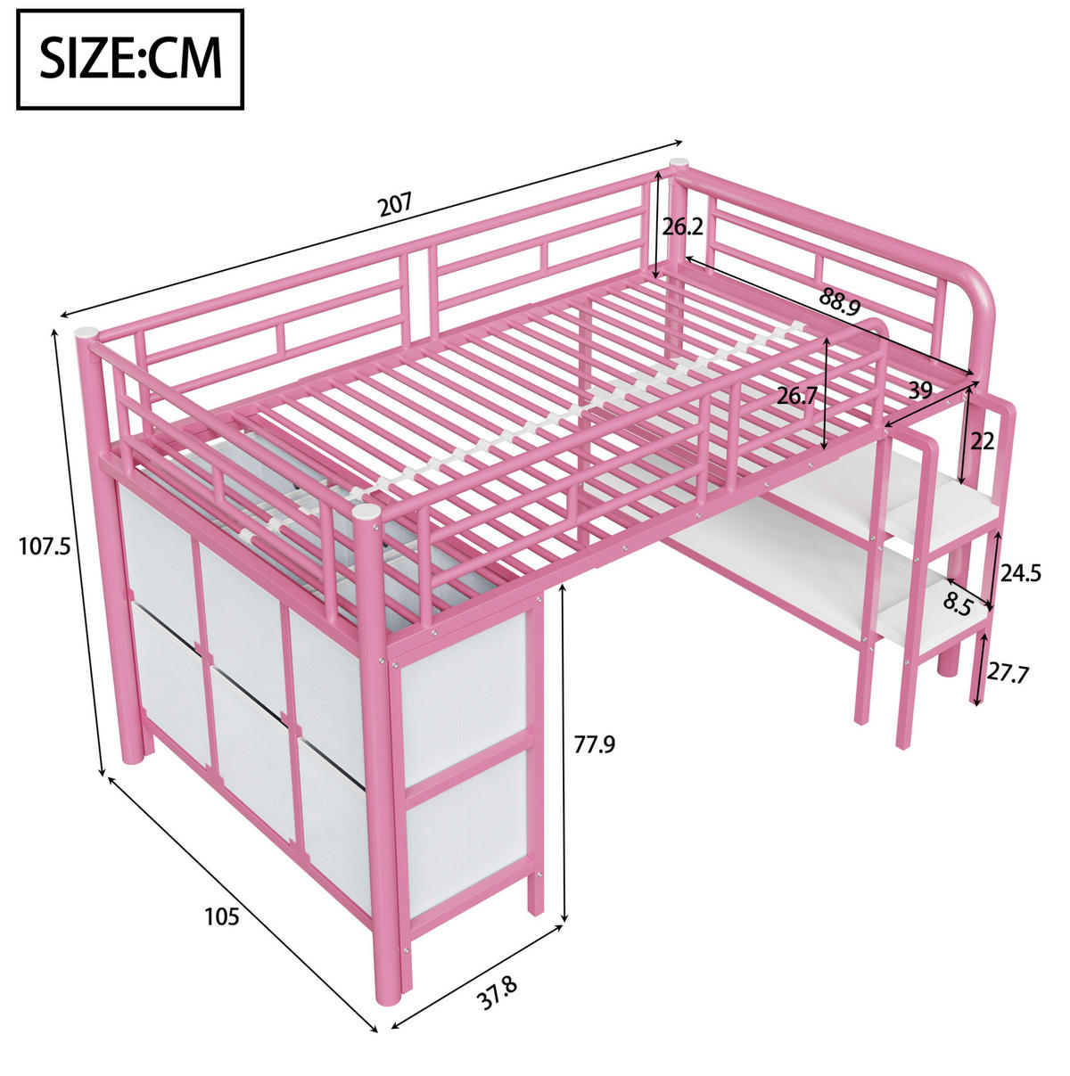 HOCHBETT 90/200 cm Pink aus MDF und Metall mit Stauraum - Rosa, Metall (90/200cm) - OKMYHOME