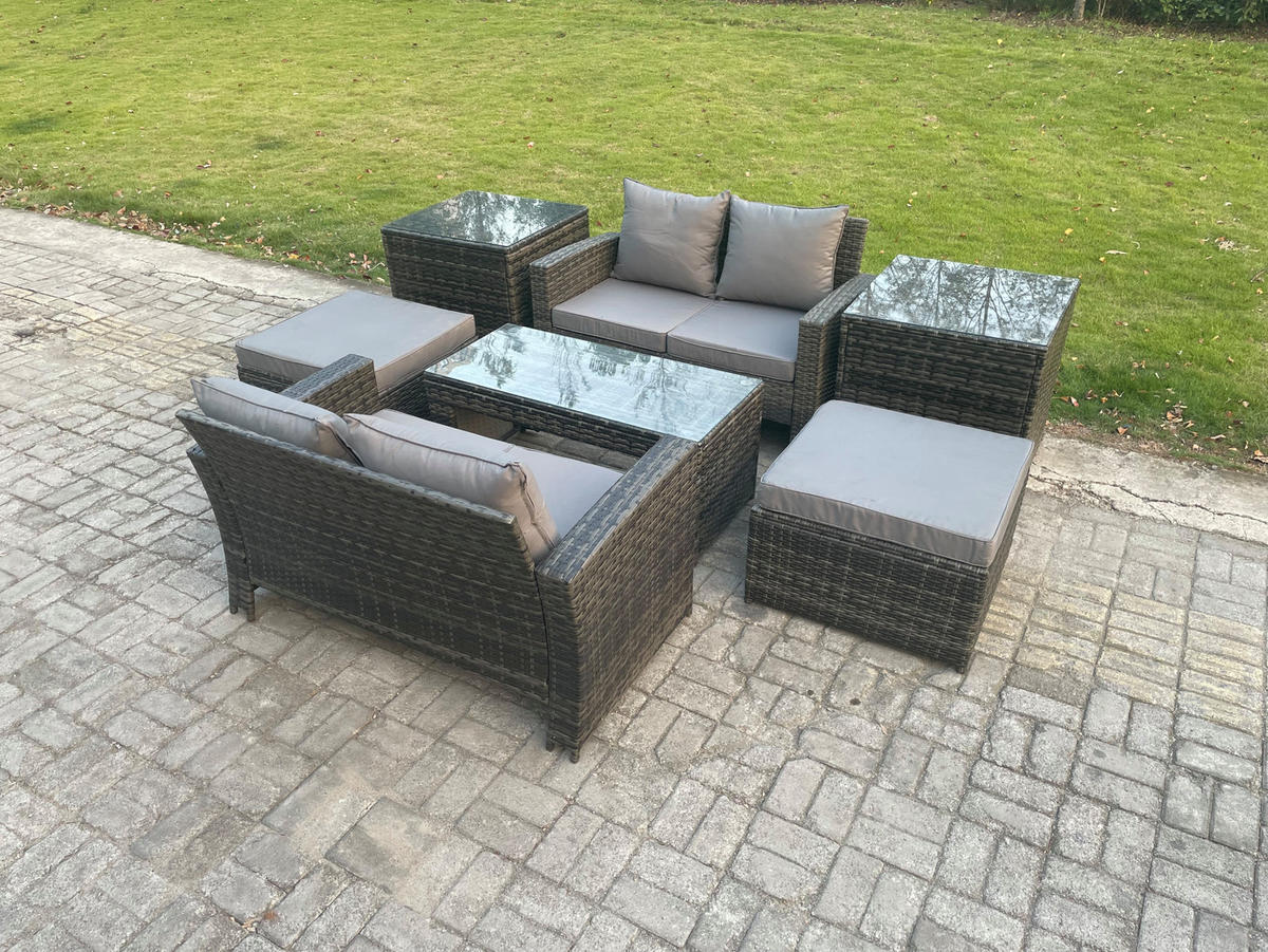 GARTENMÖBEL Set Polyrattan Dunkelgrau 6-Sitzer - Dunkelgrau, Metall - Fimous