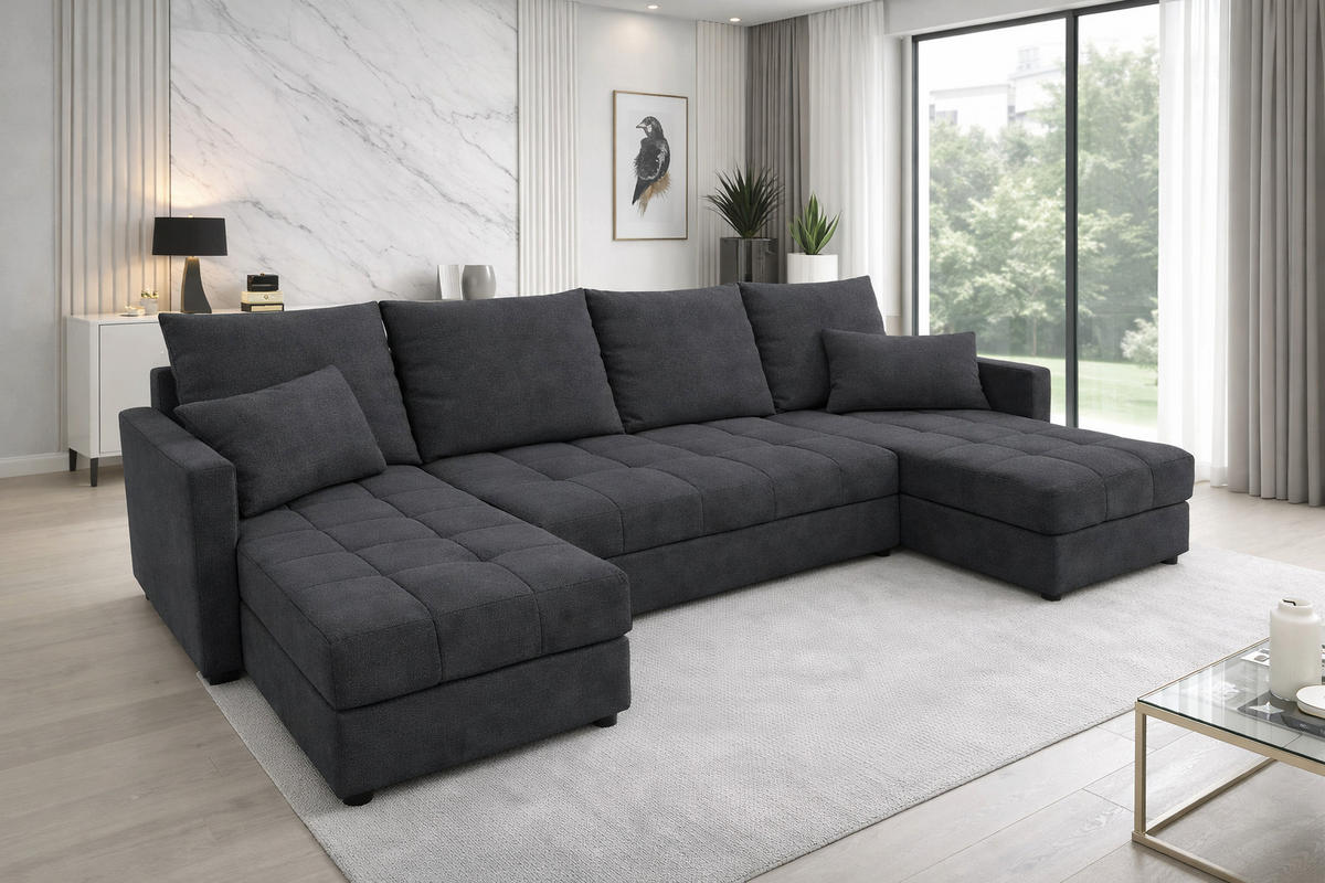 WOHNLANDSCHAFT AURELIA – Ecksofa in U-Form mit Schlaffunktion, Bettkasten & Kissen Stoff KRONOS 287 cm Anthrazit - Anthrazit, Kunststoff (287/140cm) - Wohnideebilder