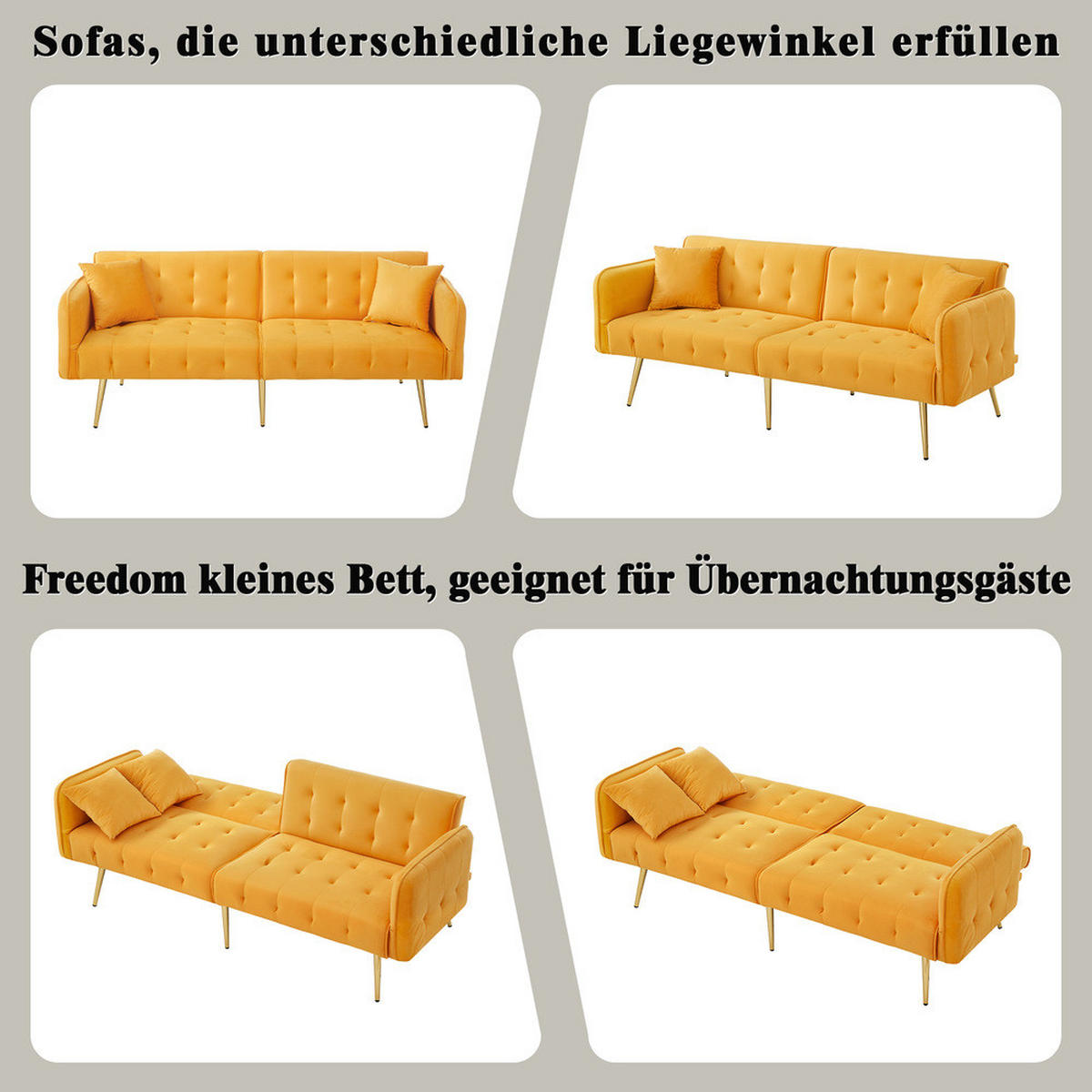 SOFA Zweisitzer Sofabett Verstellbare Lehne Velours Großzügiger Schlafbereich - Gelb, Holz (89.92/18.03/80.52cm) - FLIEKS