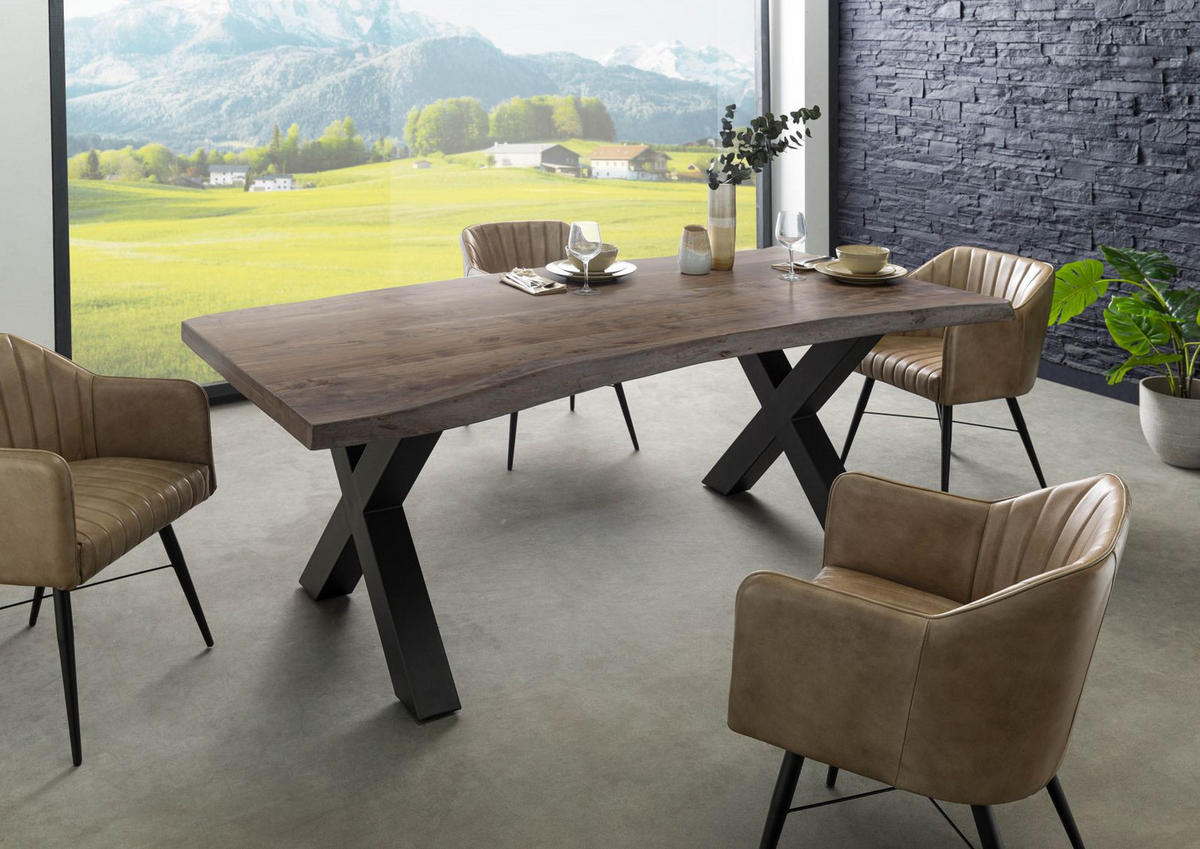 BAUMTISCH Akazie 200x100x77 grau lackiert / X-Beine anthrazit matt FREEFORM 5 - Anthrazit/Grau, Holz (200/100/77cm) - Massivmoebel24