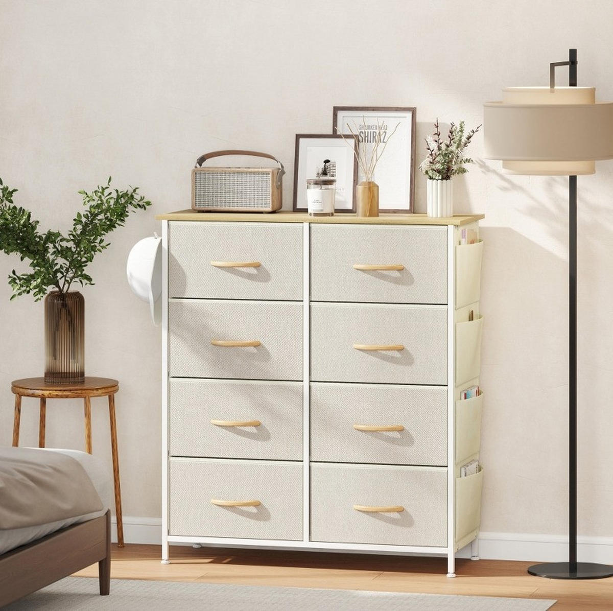 KOMMODE aus Stahl 86x30x94,5 cm Beige mit 8 Stoffschubladen und seitlichem Stauraum - Beige, Metall (86/94.5/30cm) - IVMEU