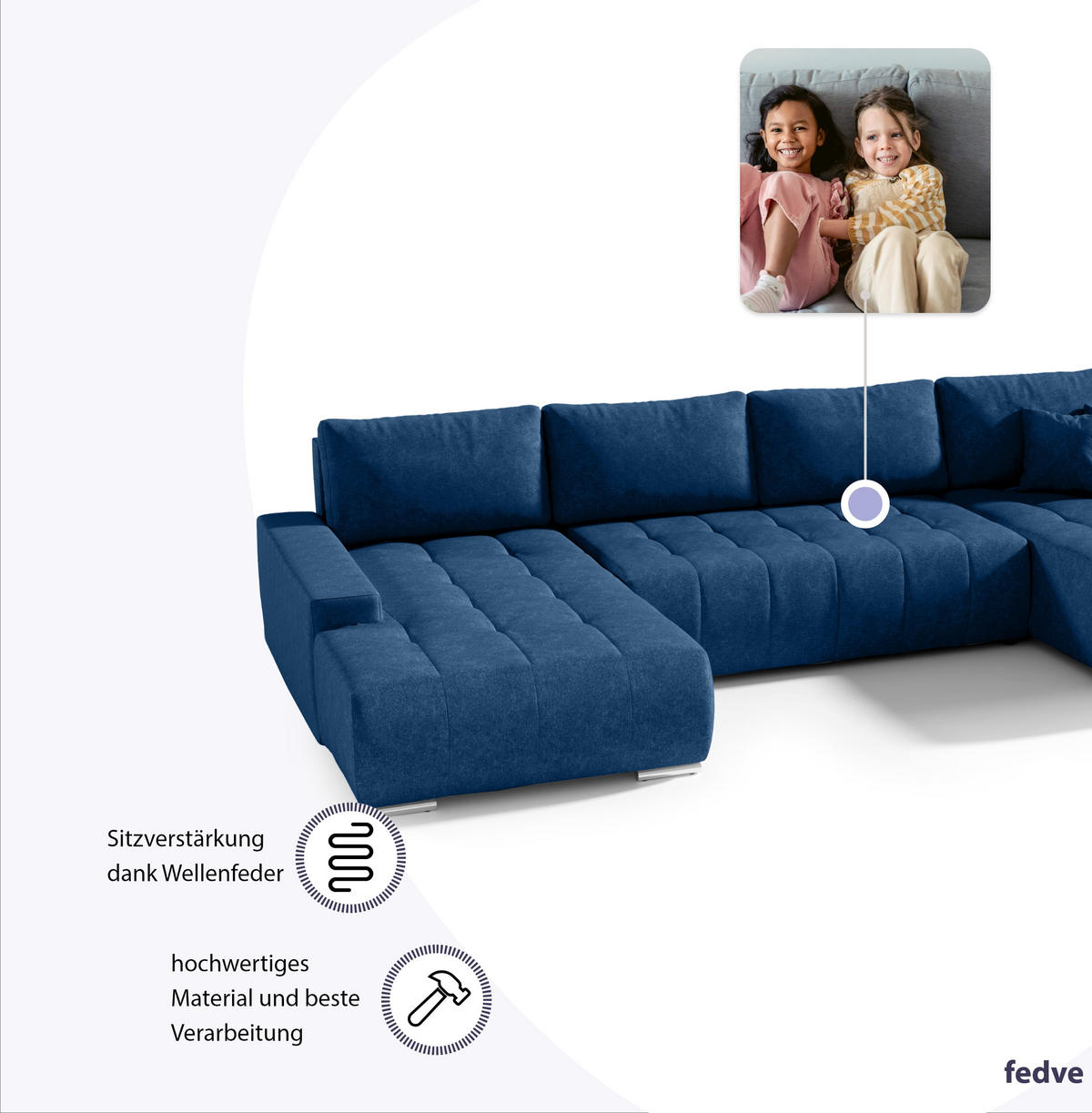 WOHNLANDSCHAFT mit Schlaffunktion Dhaka U, Dunkelblau - Blau, Textil (185/85/350cm) - Fedve