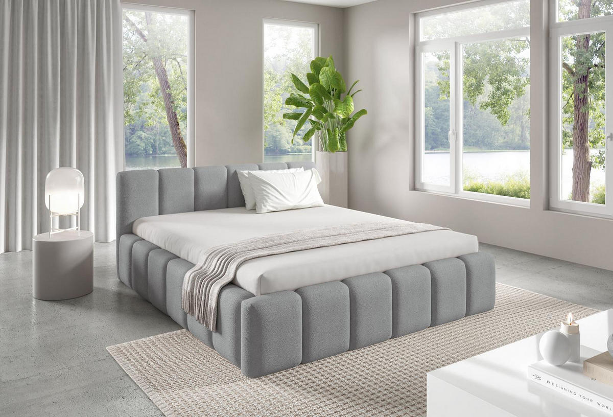 POLSTERBETT KALLA Medium 160x200 cm mit Bettkasten – QUELLE 83 - Hellgrau, Holz (160/200cm) - Dekori_Interiors