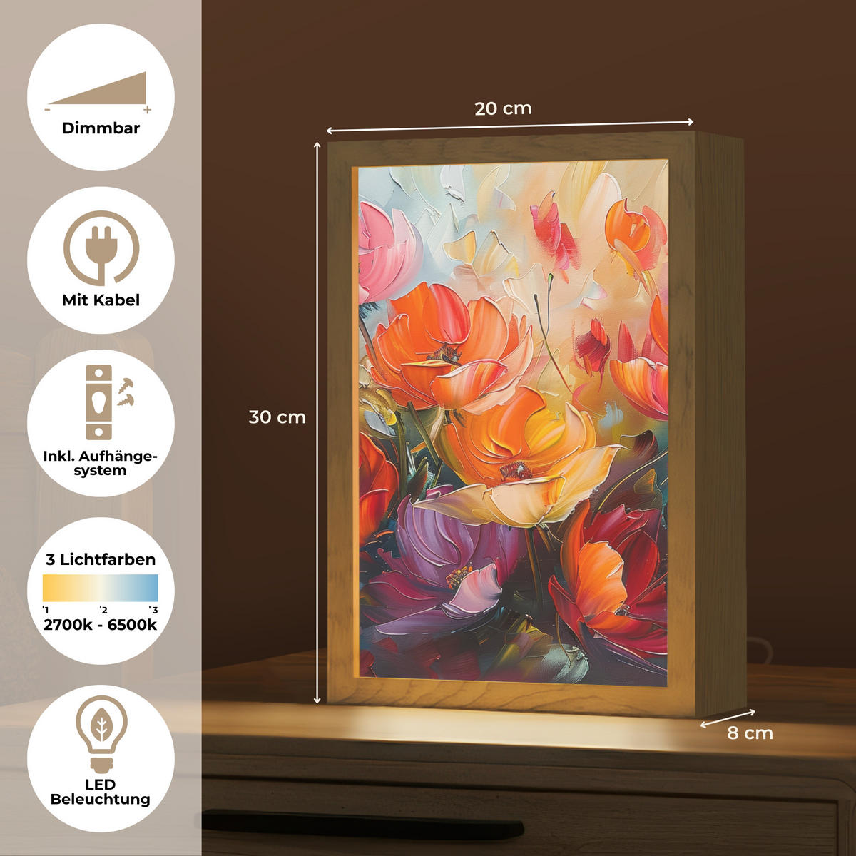 TISCHLEUCHTE Blumen - Bunt - Malerei - Abstrakt - Kunst 20x30 cm - Alufarben, Holzwerkstoff (8/20/30cm) - OnlyWow