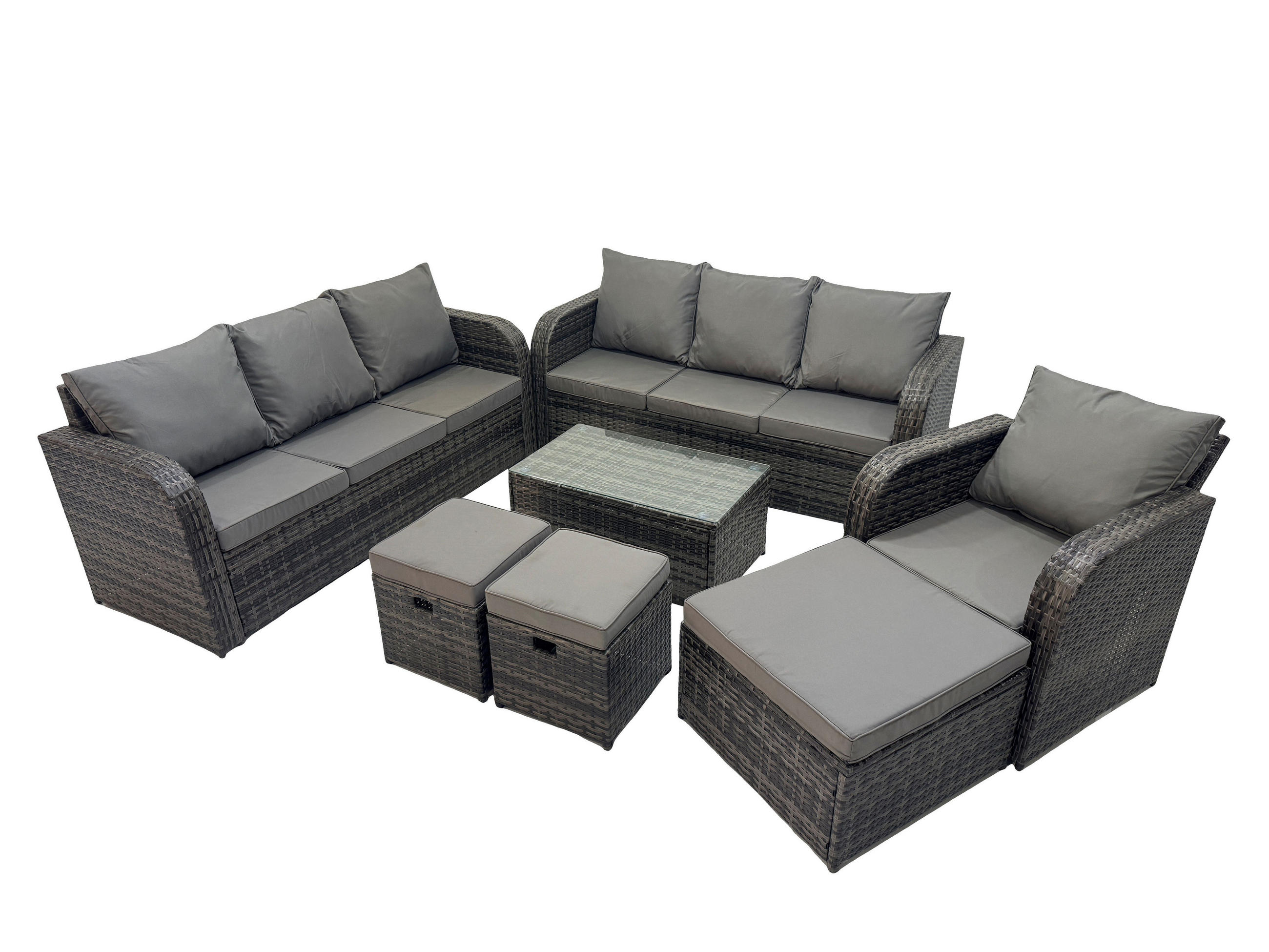 GARTENMÖBEL-SET mit Kissen Polyrattan Dunkelgrau 10-Sitzer - Dunkelgrau/Grau, Glas/Kunststoff - Fimous