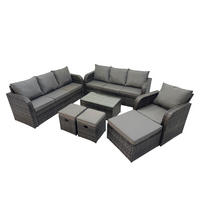 GARTENMÖBEL-SET mit Kissen Polyrattan Dunkelgrau 10-Sitzer - Dunkelgrau/Grau, Glas/Kunststoff - Fimous