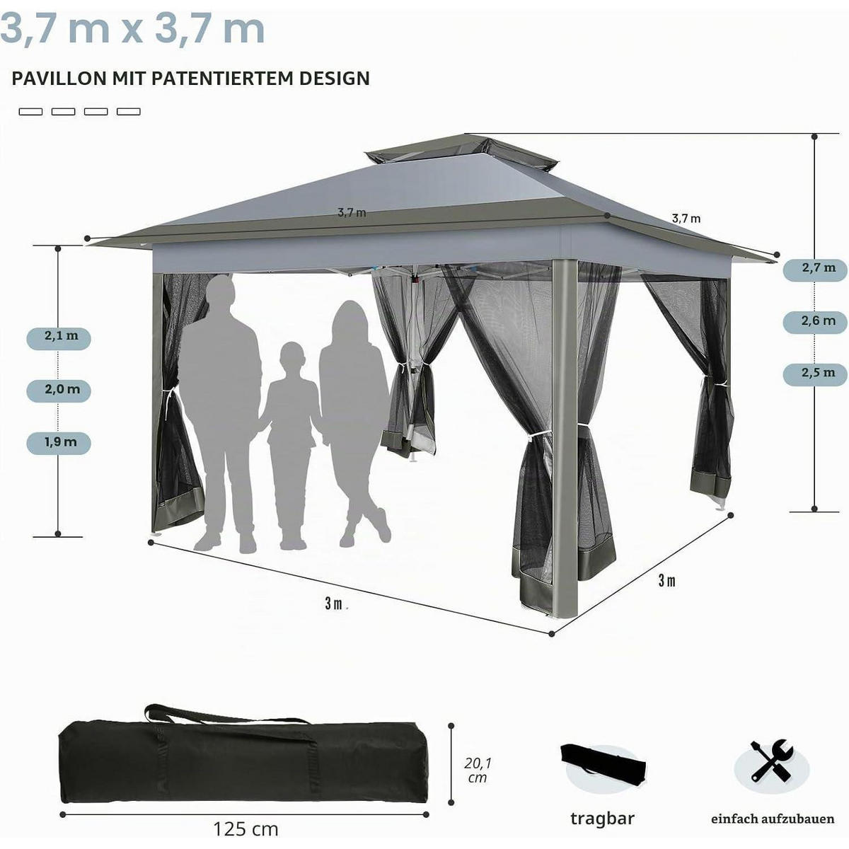 PAVILLON 3,65 x 3,65 m Dunkelgrau mit Moskitonetz - Grau, Textil (365/275/365cm)