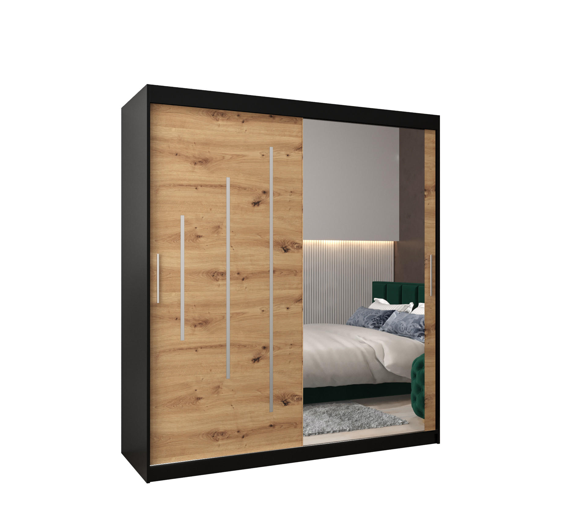 Abiks Möbel Schwebetürenschrank Schwarz, Eiche Artisan 180x200x62 cm