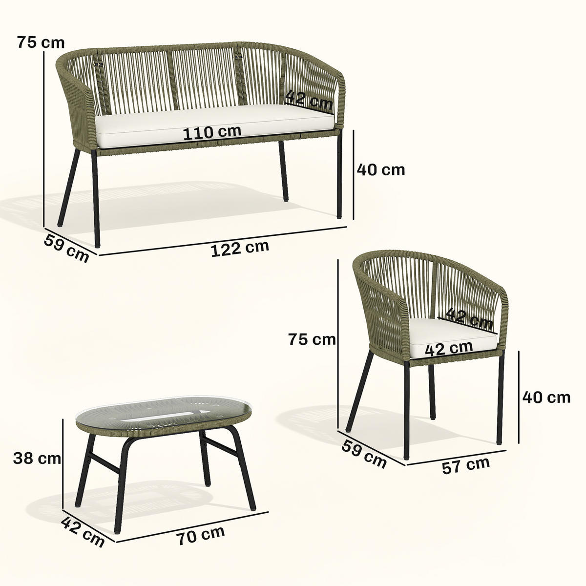 GARTENLOUNGE-SET Creme Stahl 4-teilig mit Kissen - Creme, Holzwerkstoff - PANGIVO