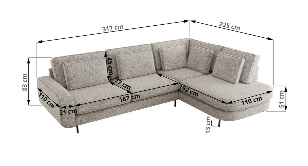 ROHOVÁ SEDAČKA CALENO L - Světle šedá Strukturovaná látka - Levá Strana - černá/světle šedá, kov/textil (317/225cm) - MKS