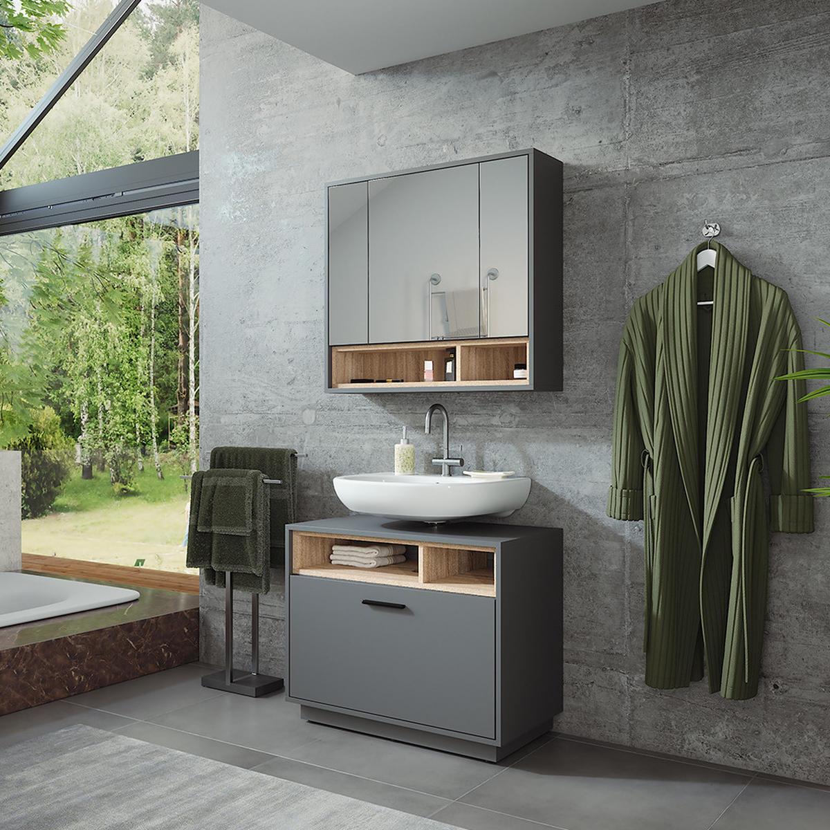 SADA KOUPELNOVÉHO NÁBYTKU Beatrice Anthracite/Sonoma - Sonoma dub/antracitová, kompozitní dřevo (80/64/35cm) - Vicco