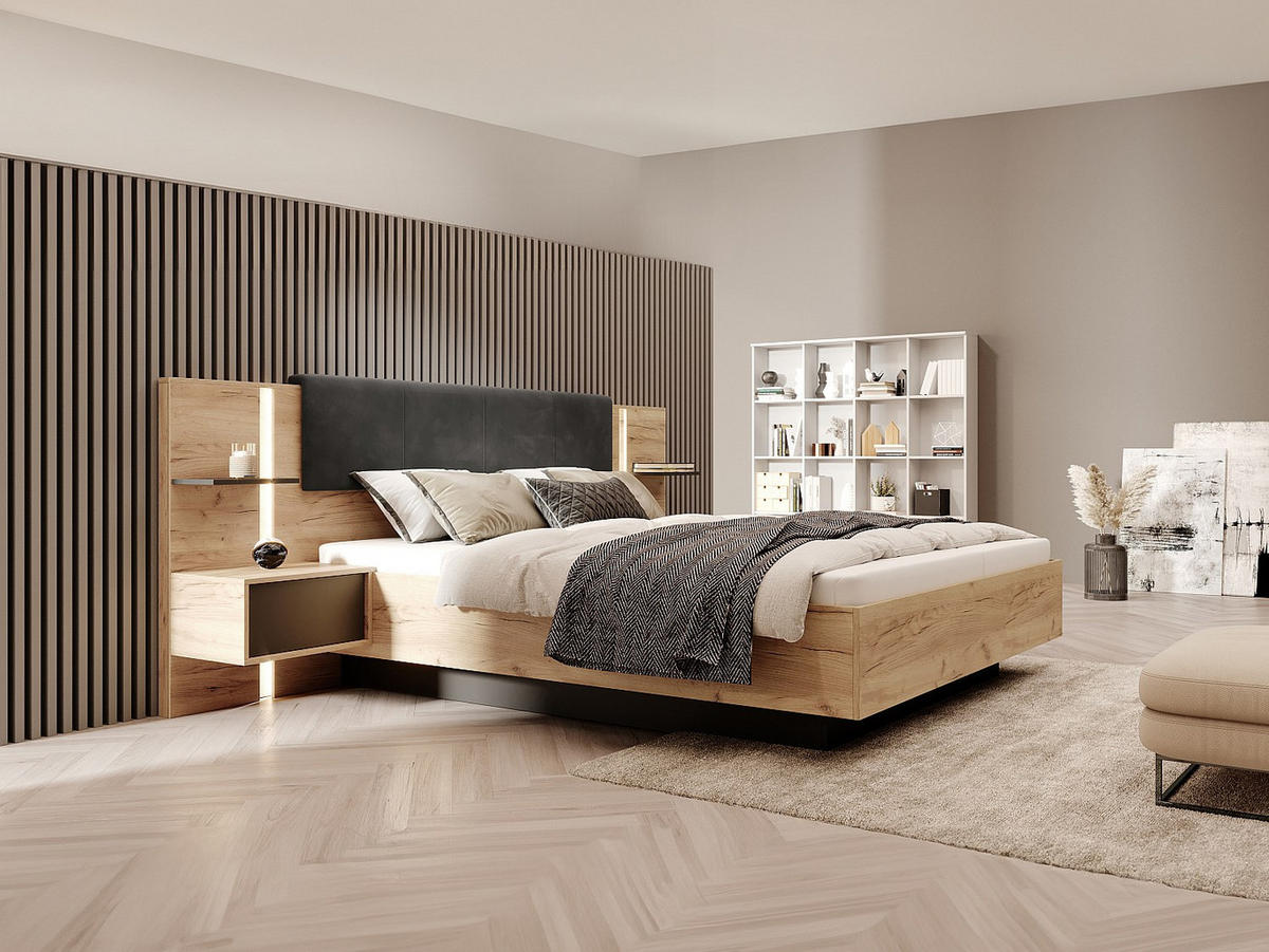 BETTRAHMEN - 2 Personen - stoff - anthrazitgrau, naturfarben hell Elynia - Anthrazit/Naturfarben, Holz/Holzwerkstoff (140/190cm) - Vente-Unique