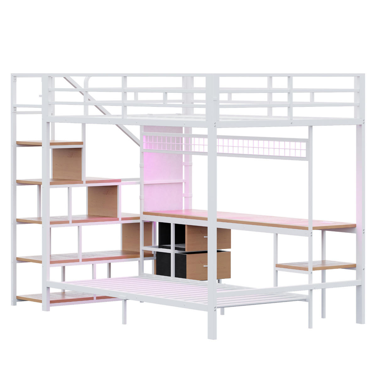 HOCHBETT 140/200 & 90/200 cm Weiß mit Schreibtisch und LED-Beleuchtung - Weiß, Metall (140/200cm) - Flora Grace