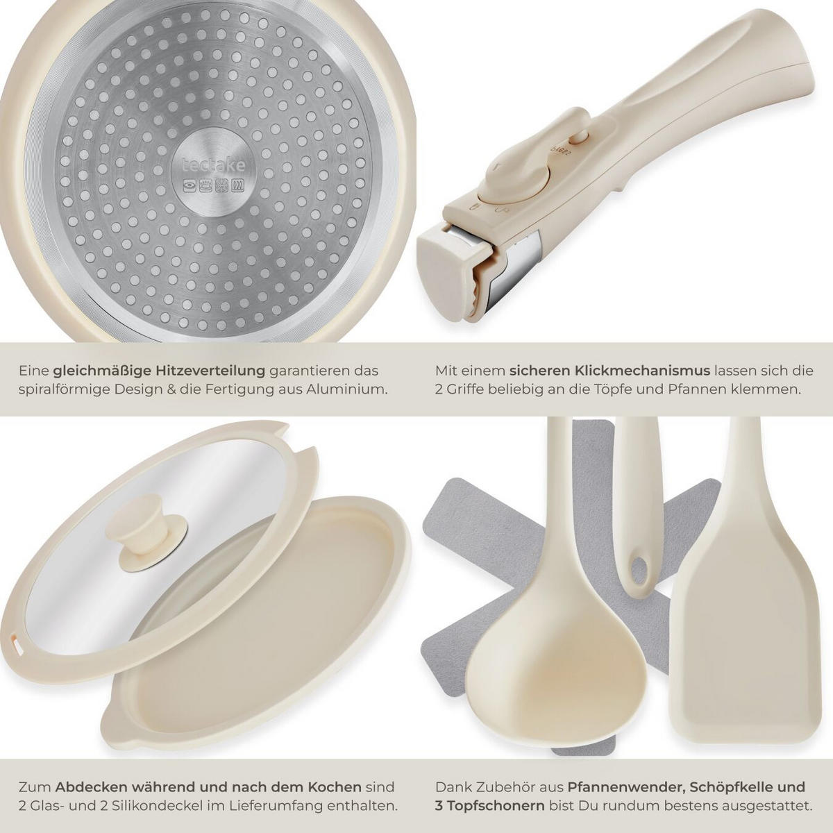 KOCHTOPFSET Genua,2 Küchenwerkzeuge und 3 Topfschoner aus Filz,weiß - Weiß, Metall - tectake