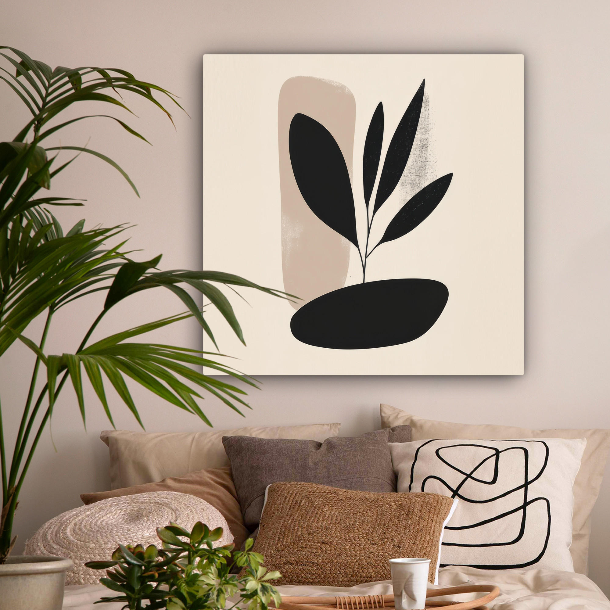 LEINWANDBILD Pflanze - Beige - Japanisch 90x90 cm - Schwarz, Textil (90/90cm) - MuchoWow