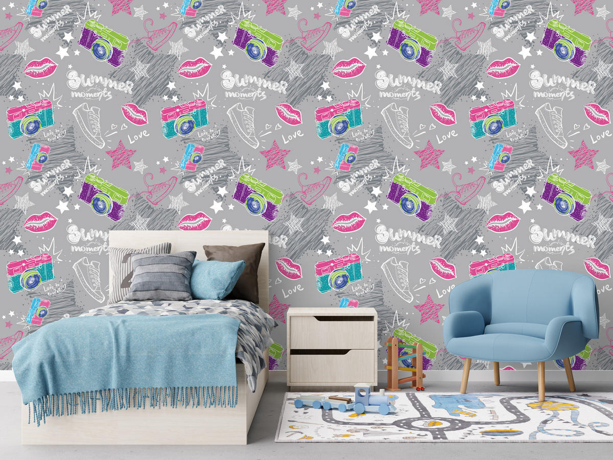 VLIESTAPETE Kameras, Sneaker und Comic-Motive – Rosa, Grün, Grau – 50x1000 cm - Rosa/Grau, Papier (50/1000cm) - Muralo