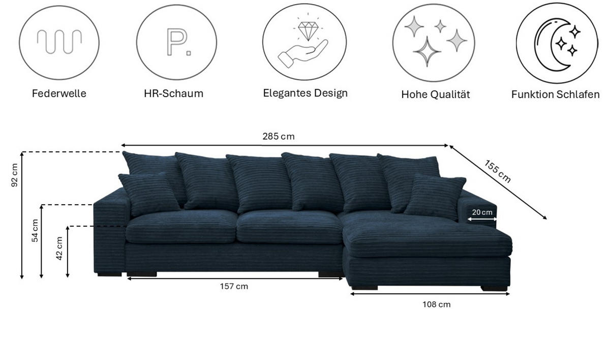 ECKSOFA Mit Schlaffunktion Und Bettkasten Couch L-form Gabon Stoff Zoom Blau Rechts - Blau, Holz (285/155cm) - Kaiser Möbel